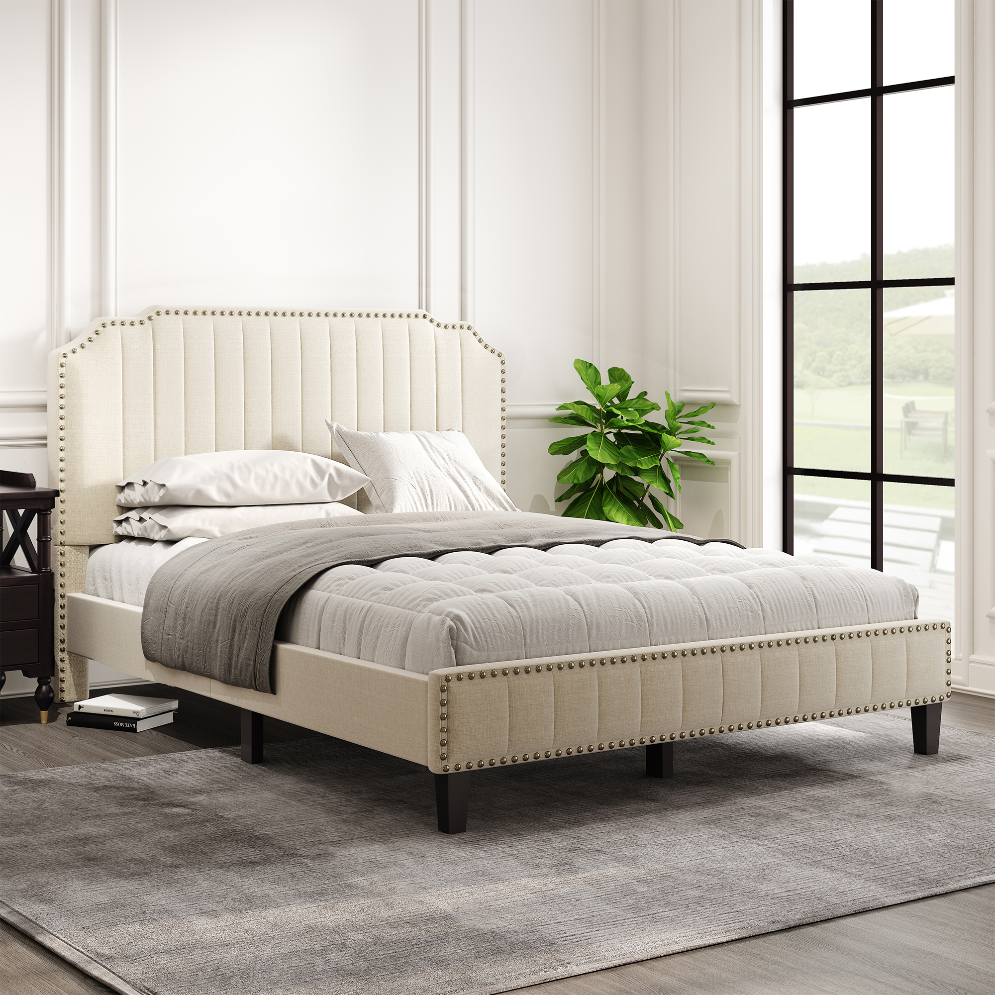 Modern Linen Curved Upholstered Platform Bed, Queen - WF199329AAA