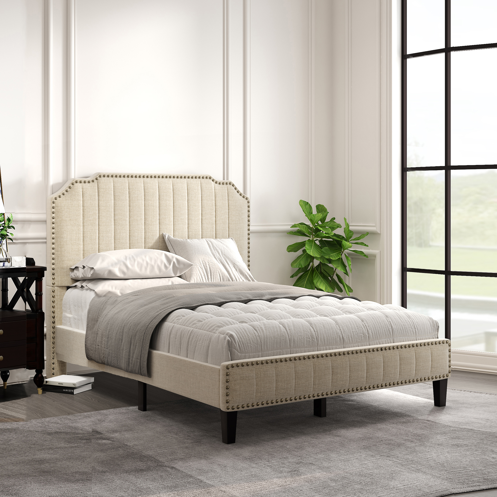 Modern Linen Curved Upholstered Platform Bed, Full - WF199328AAA