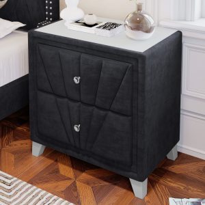 Contemporary Velvet Upholstered Glass Top Nightstand - WF293153AAB