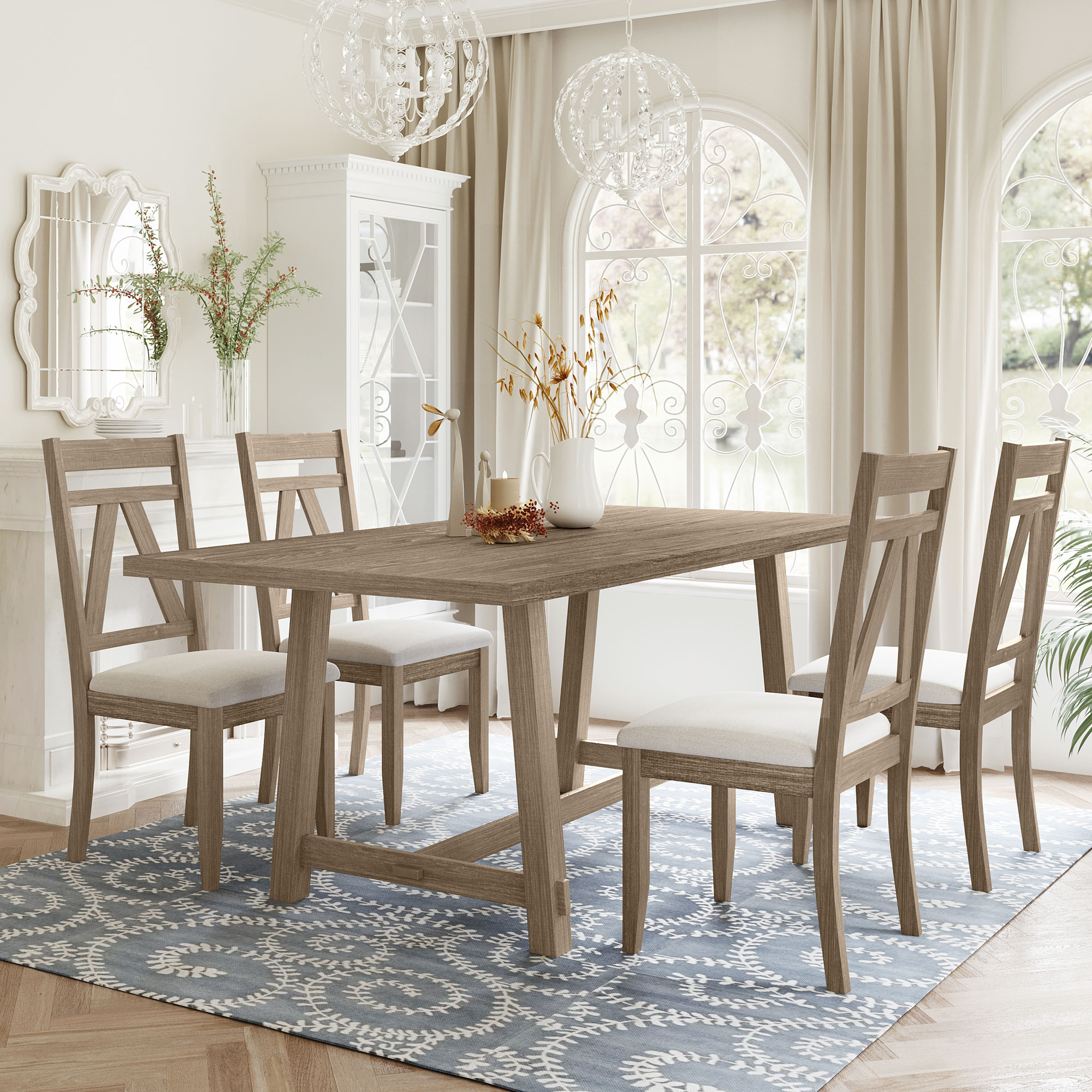 Rustic 5-Piece Large Wood Dining Table Set - SH000218AAE