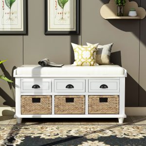 Rustic Storage Bench with 3 Drawers and 3 Rattan Baskets - WF195161AAK