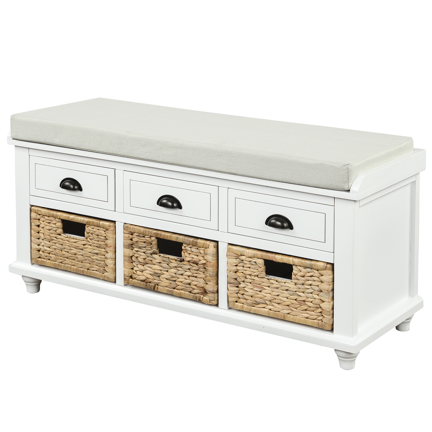 Rustic Storage Bench with 3 Drawers and 3 Rattan Baskets - WF195161AAK