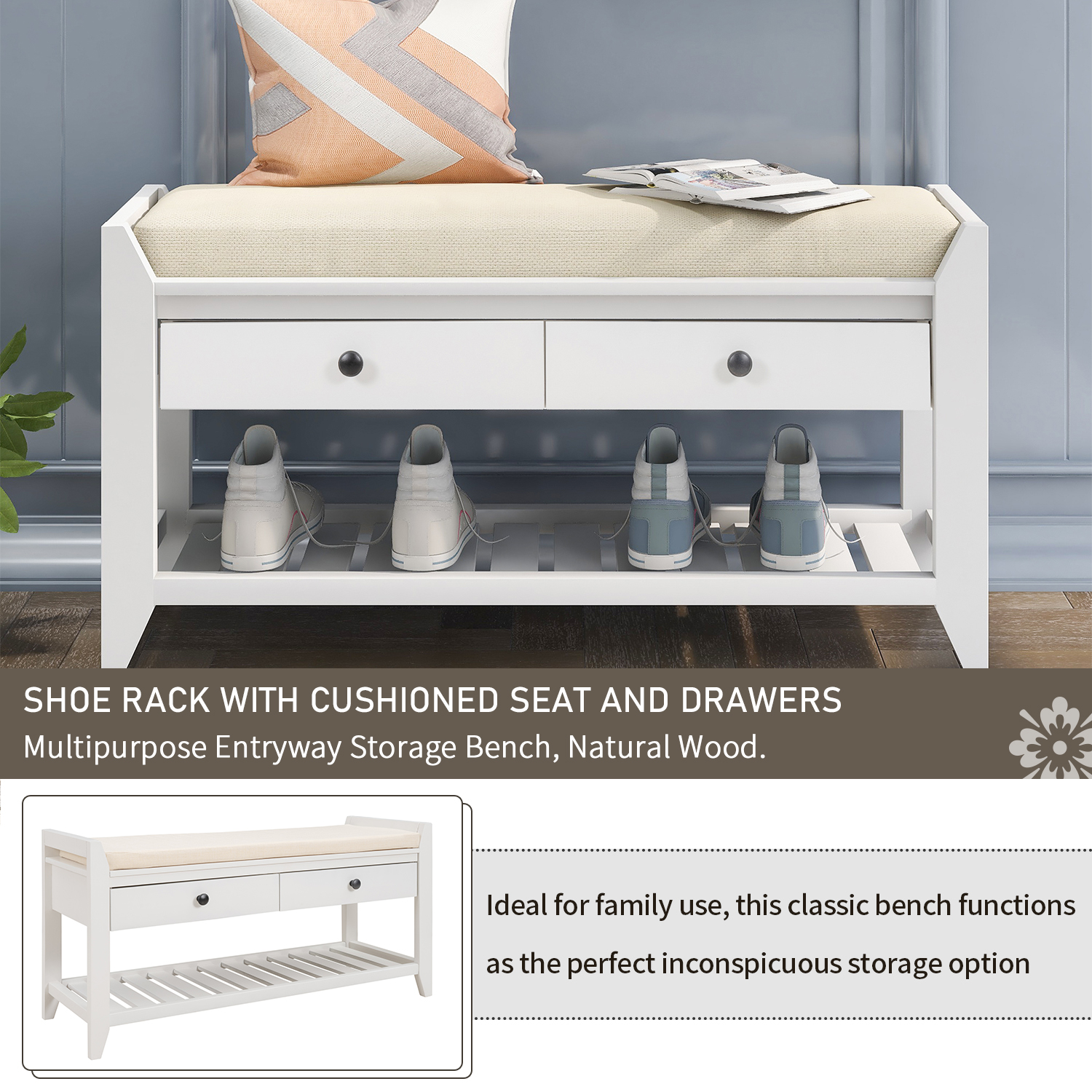 TREXM Shoe Rack with Cushioned Seat and Drawers - WF195386AAK