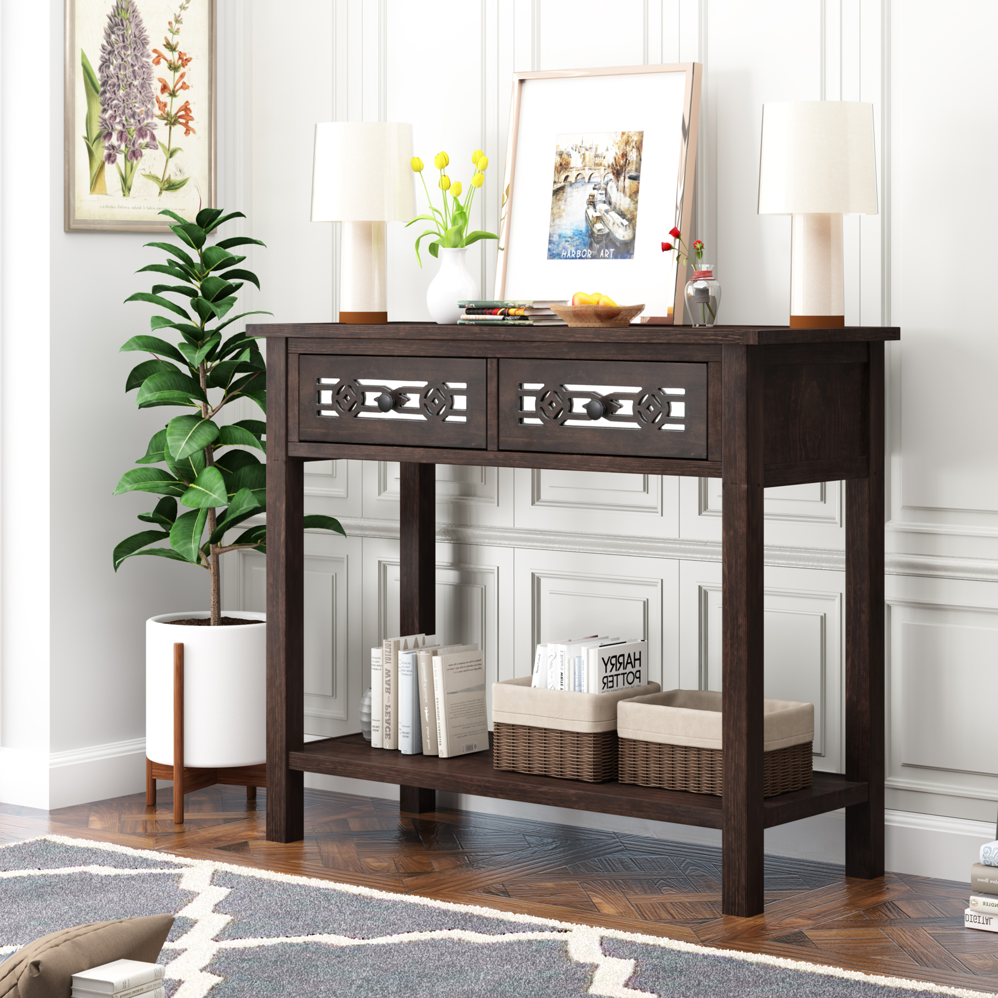 Classic Console Table With Two Drawers And Open Shelf - WF199310AAB