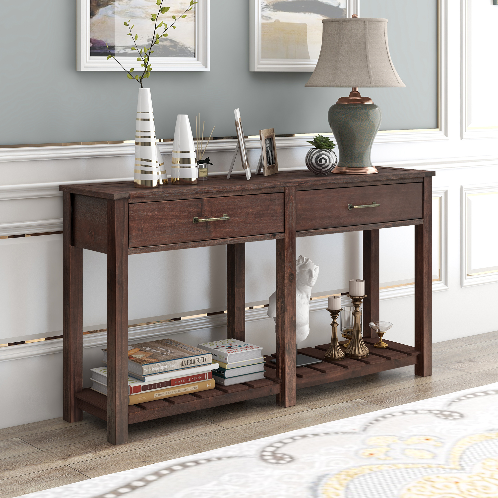 Classic Solid Console Table With 2 Drawers And Slatted Shelf - WF282639AAP