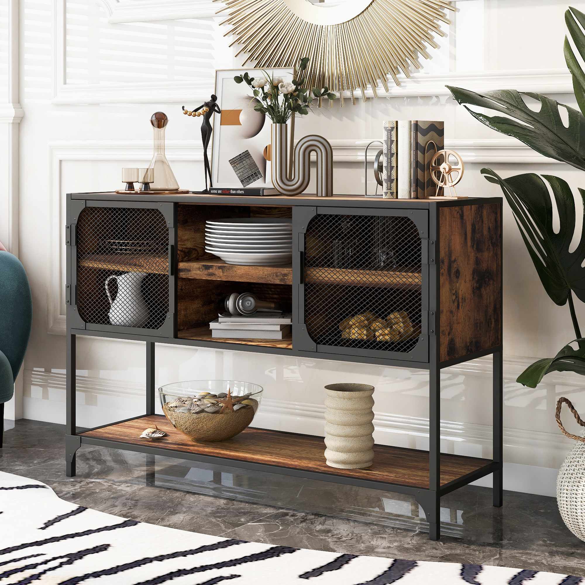 Industrial Console Table With Metal Grid Door And Shelves - WF281844AAP