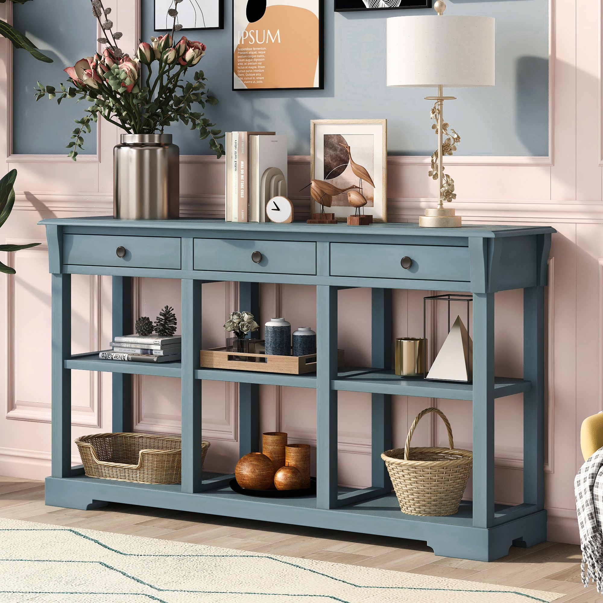 Retro Console Table With Ample Storage, Open Shelves And Drawers - WF284982AAM