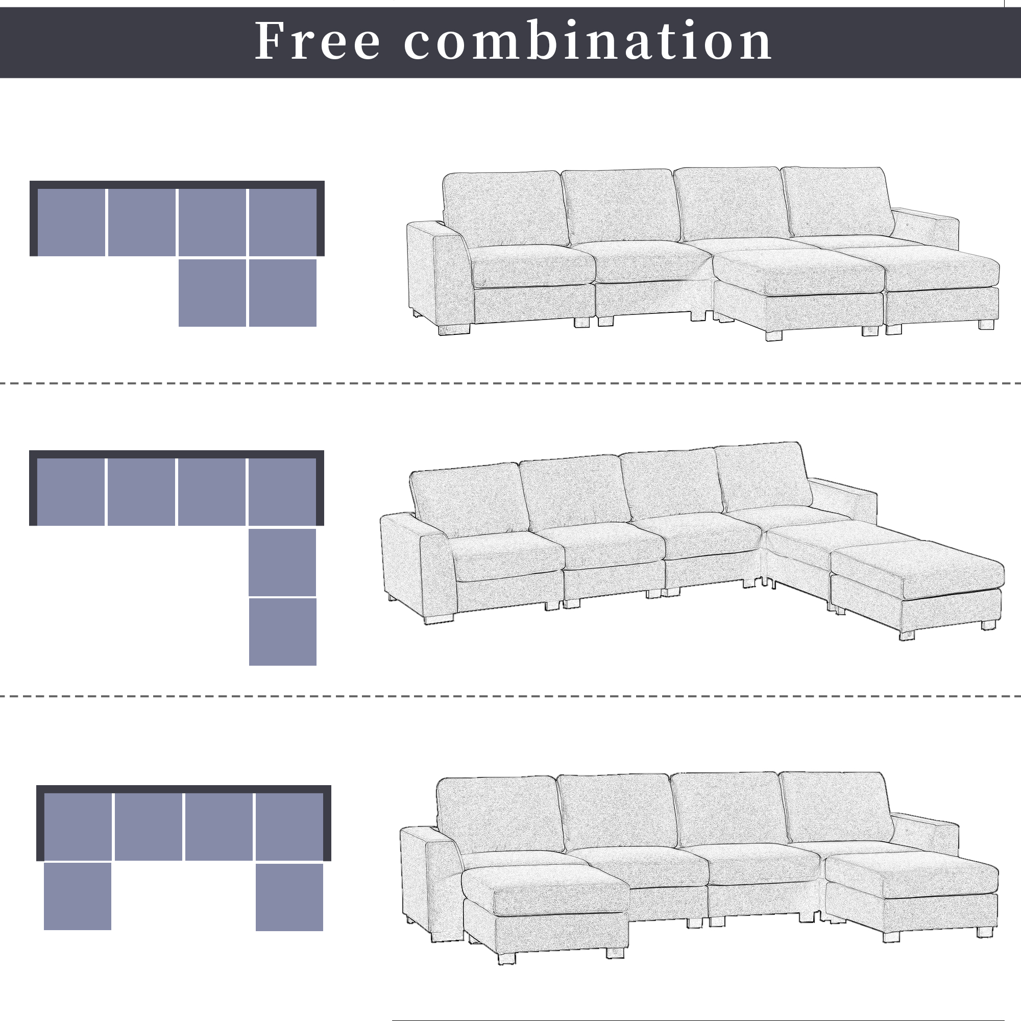 3 Pieces U Shaped Sectional Sofa With Removable Ottomans - WY000289AAA