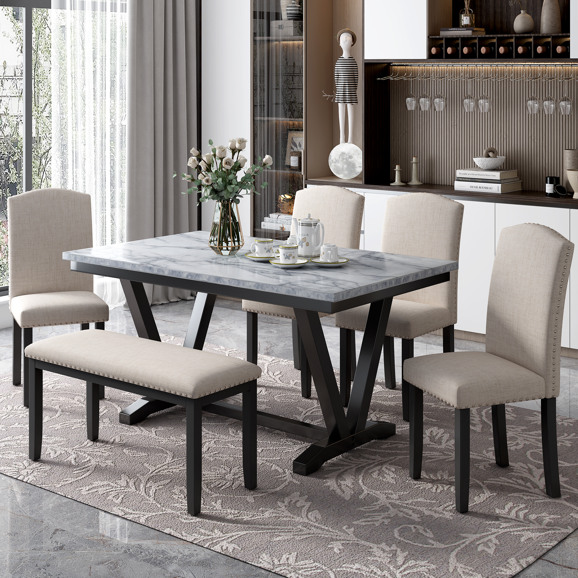Modern Style 6-Piece Dining Table with 4 Chairs & 1 Bench - ST000057AAK