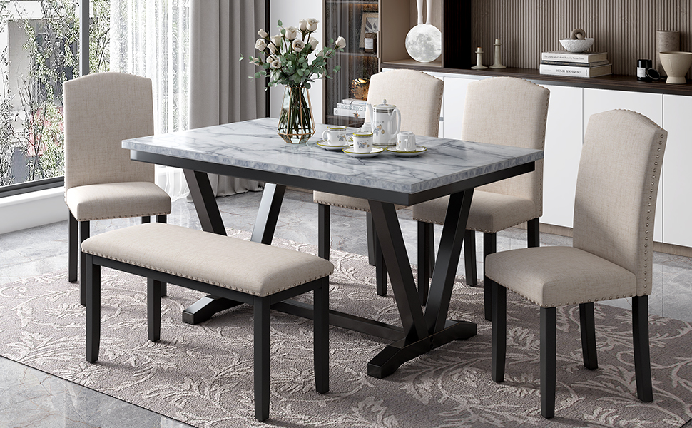 Modern Style 6-Piece Dining Table with 4 Chairs & 1 Bench - ST000057AAK