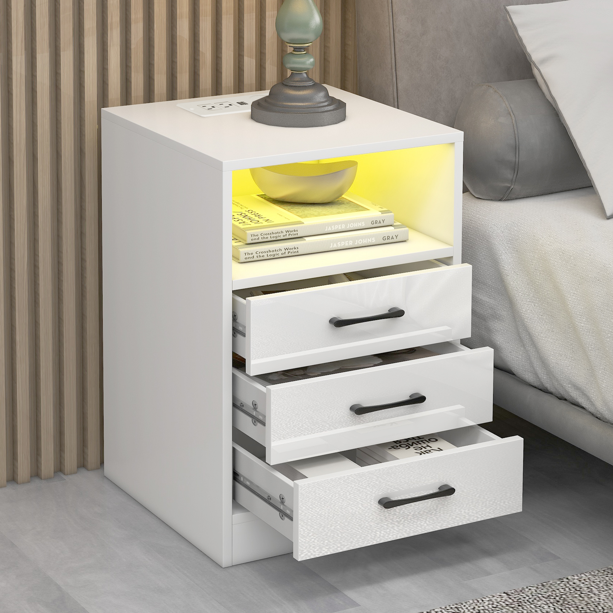 Nightstand With 3 Drawers, USB Charging Ports And Led Light - WF292392AAK