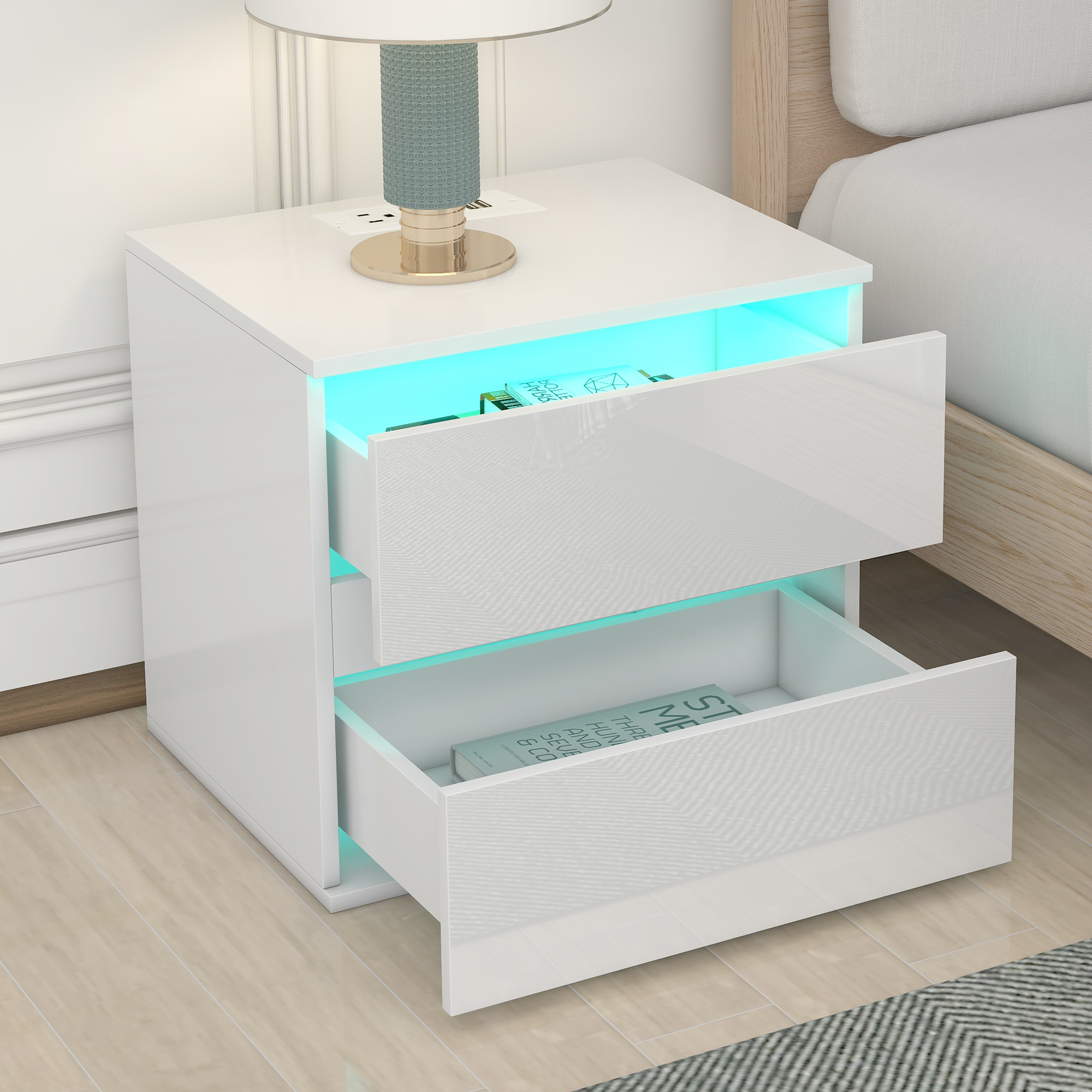 Nightstand with 2 Drawers,USB Charging and RC LED Light - WF292831AAK