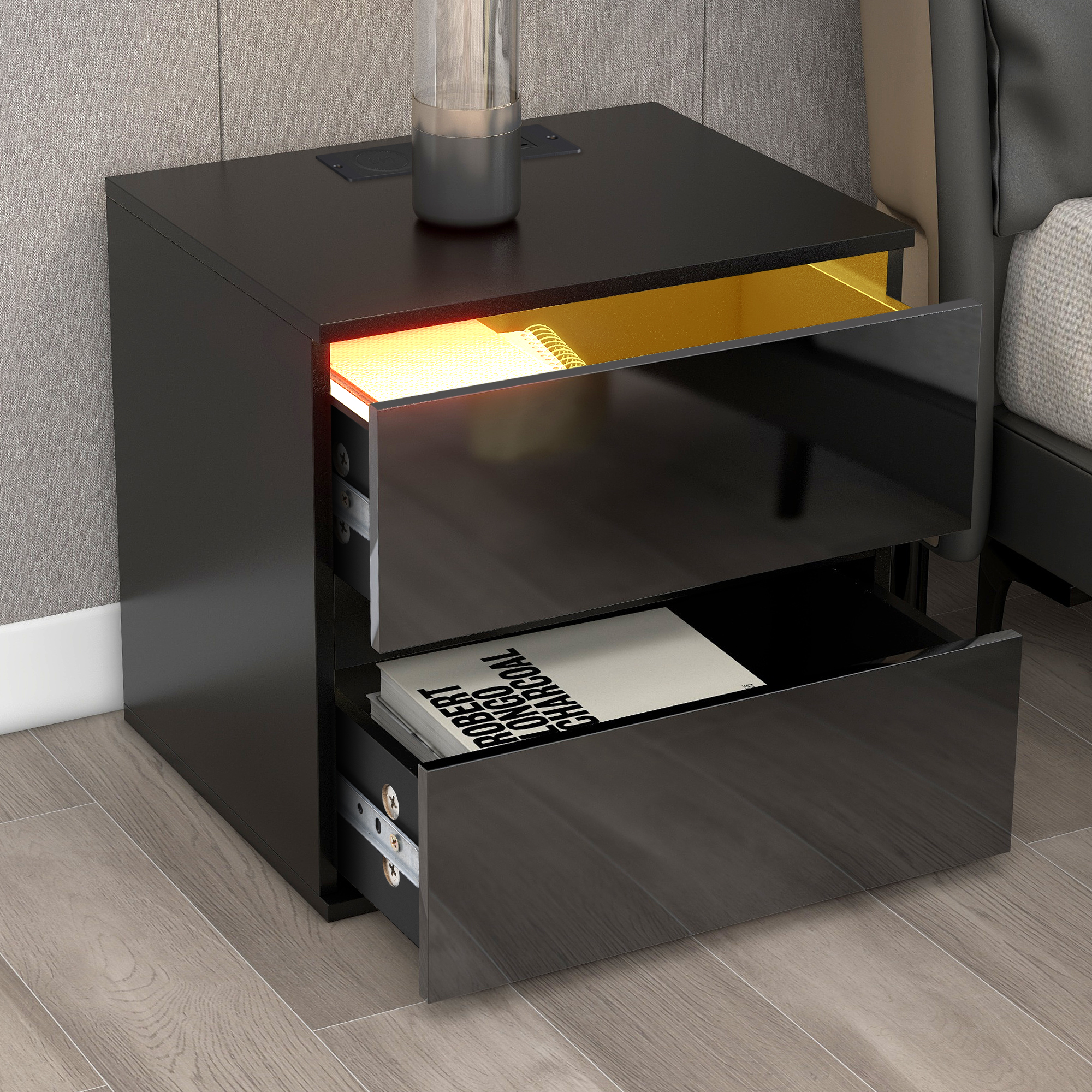 Nightstand with 2 Drawers, USB Charging Ports, Wireless Charging And RC LED Light - WF292832AAB