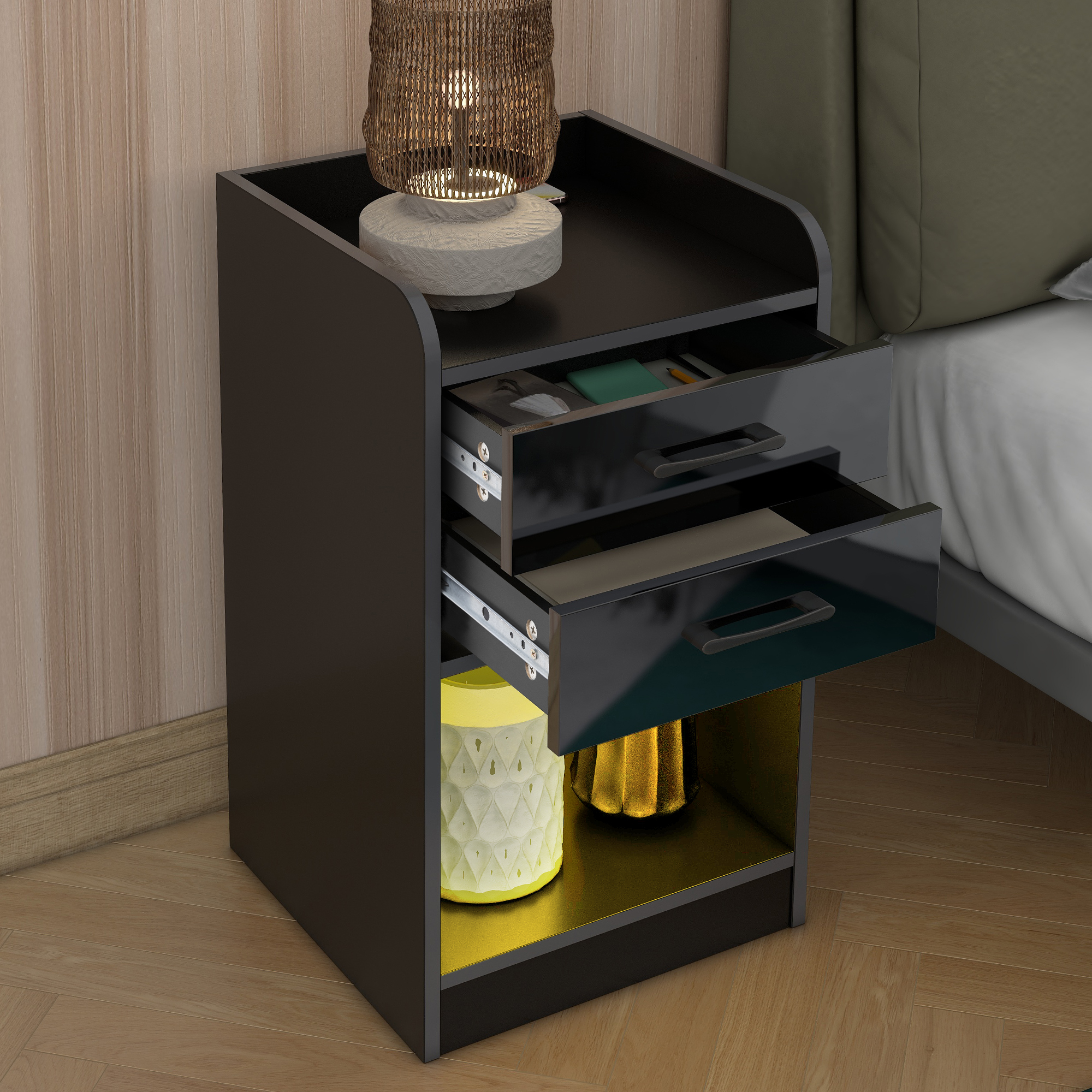 Nightstand with 2 Drawers, USB Charging Ports, Wireless Charging And LED Light - WF292395AAB