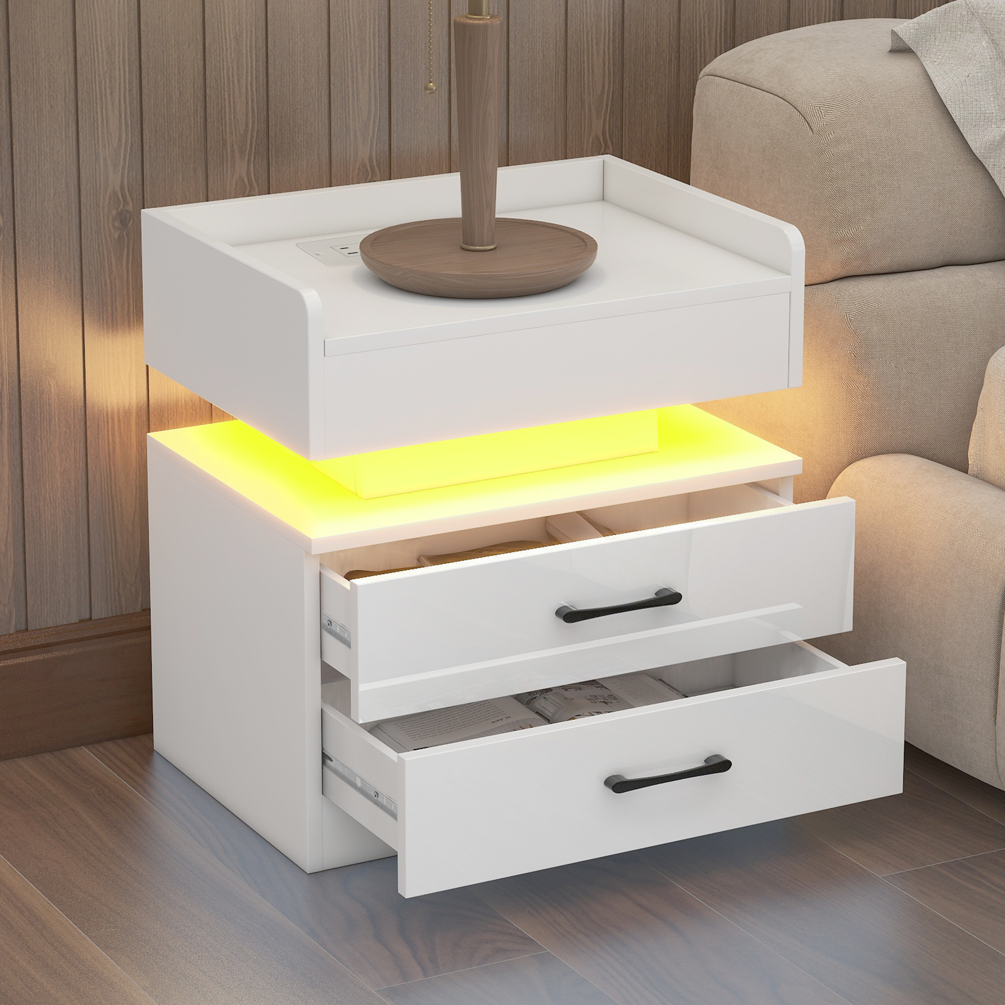 Nightstand with 2 Drawers,USB Charging, Wireless Charging and RC LED Light - WF292397AAK
