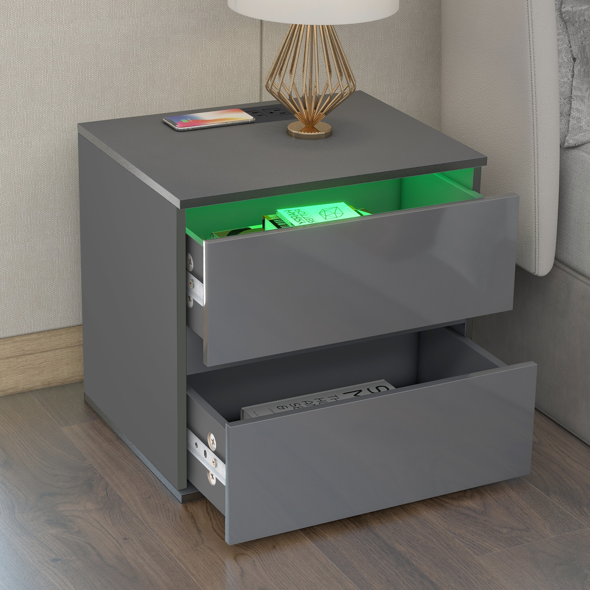 Nightstand with 2 Drawers, USB Charging Ports, Wireless Charging And RC LED Light - WF292832AAE