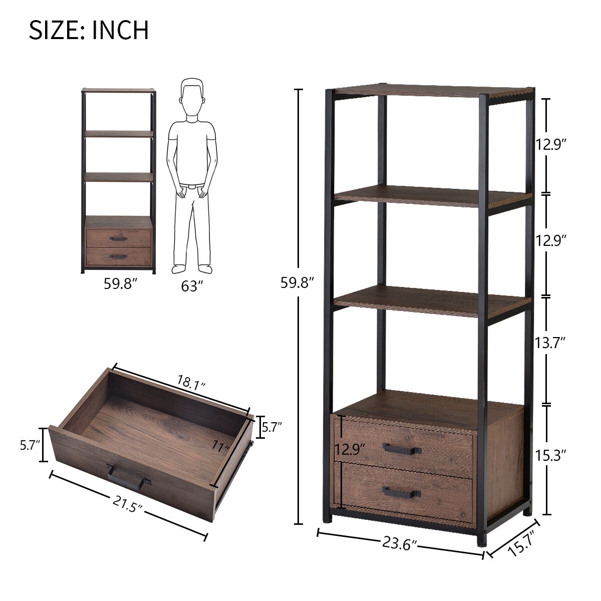 4-Tier Bookshelf with 4 Storage Shelves and Two Drawers - PP295216DAA
