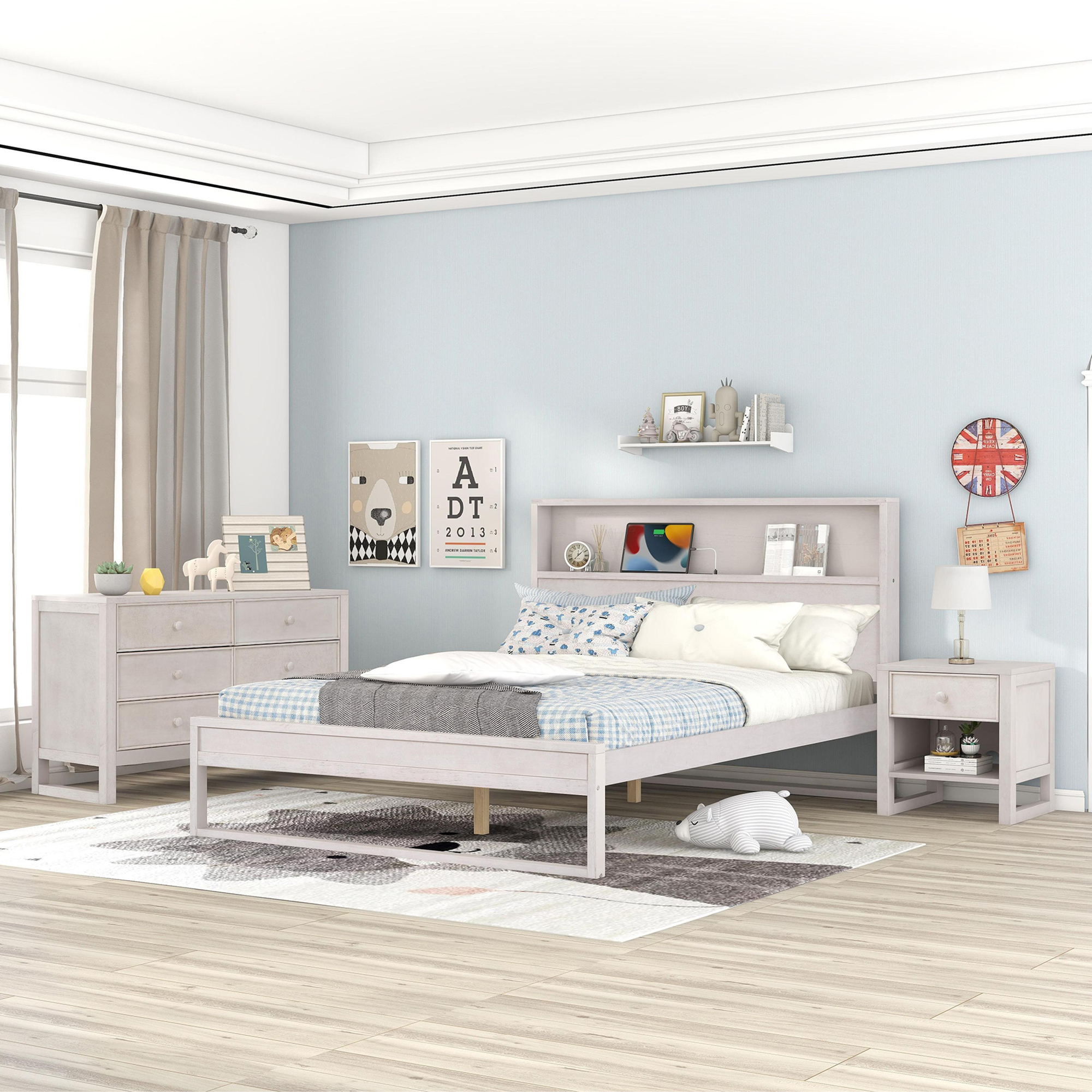 3-Pieces Bedroom Sets, Queen Size Platform Bed - HL000003AAW