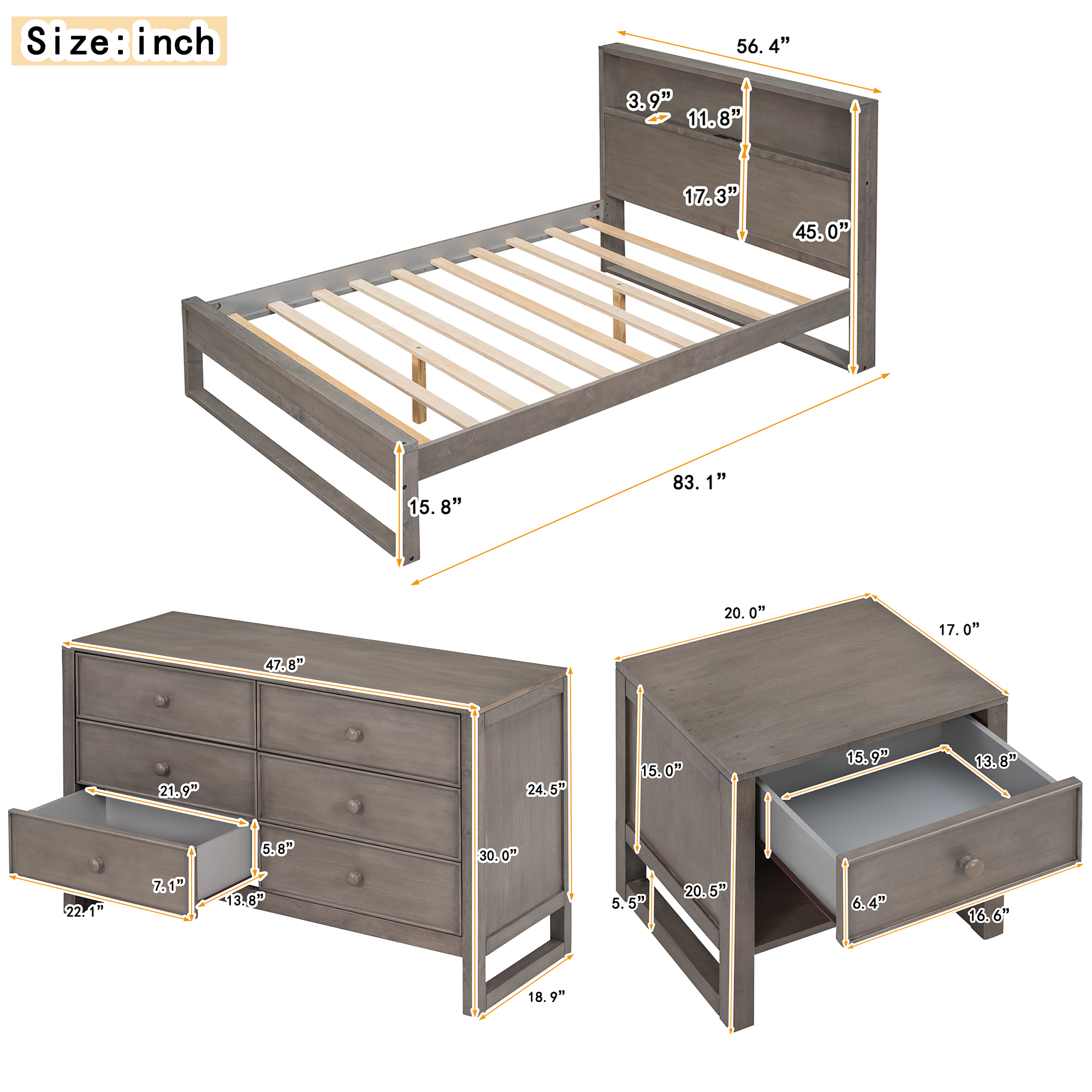 3-Pieces Bedroom Sets, Full Size Platform Bed - HL000002AAG