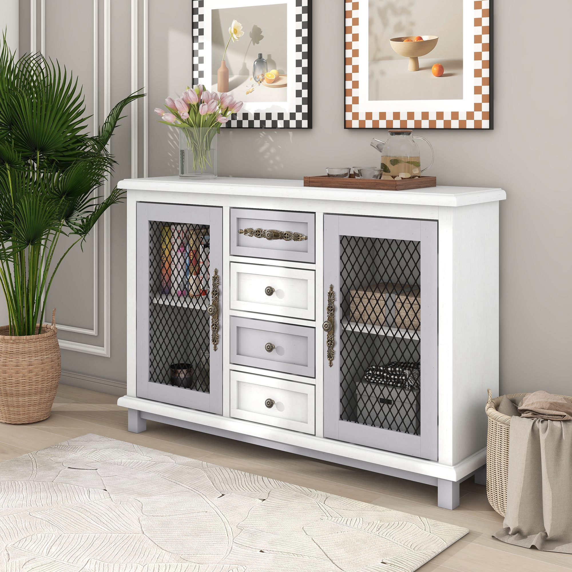 Retro Style Cabinet With 4 Drawers And 2 Iron Mesh Doors - WF294857AAA
