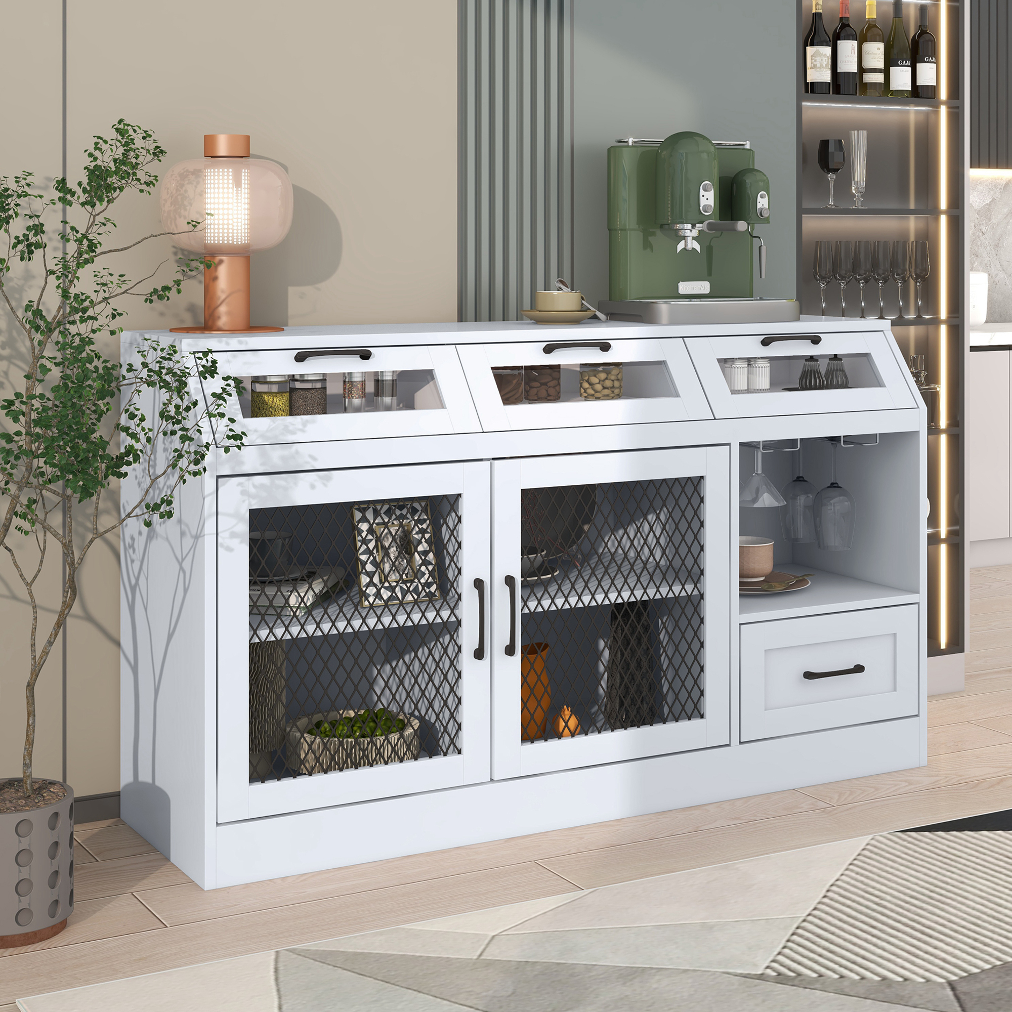 Multifunctional Buffet Cabinet With 4 Drawers, Adjustable Shelves And Wineglass Holders - ST000081AAK