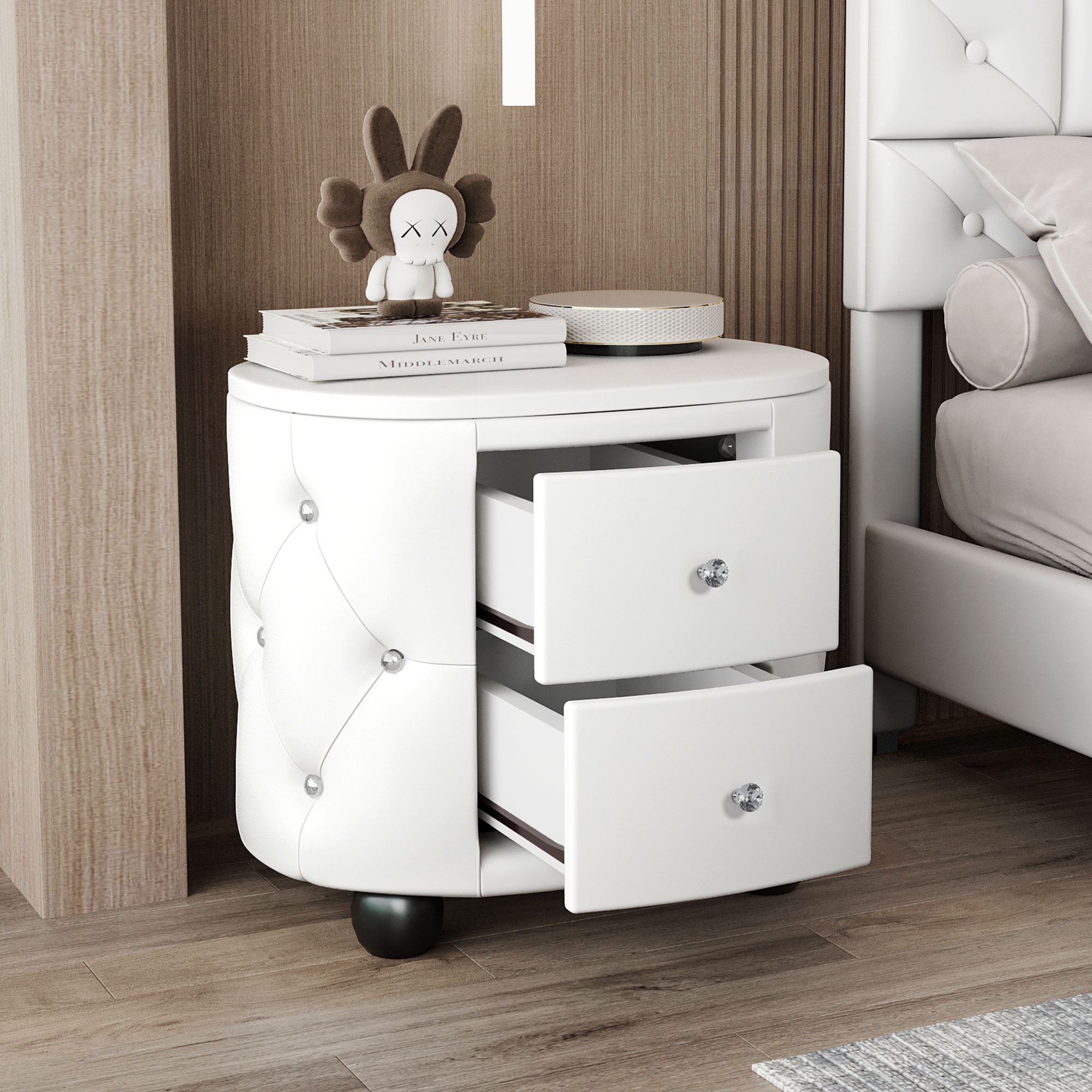 Elegant PU Nightstand with 2 Drawers and Crystal Handle, White - WF295494AAK