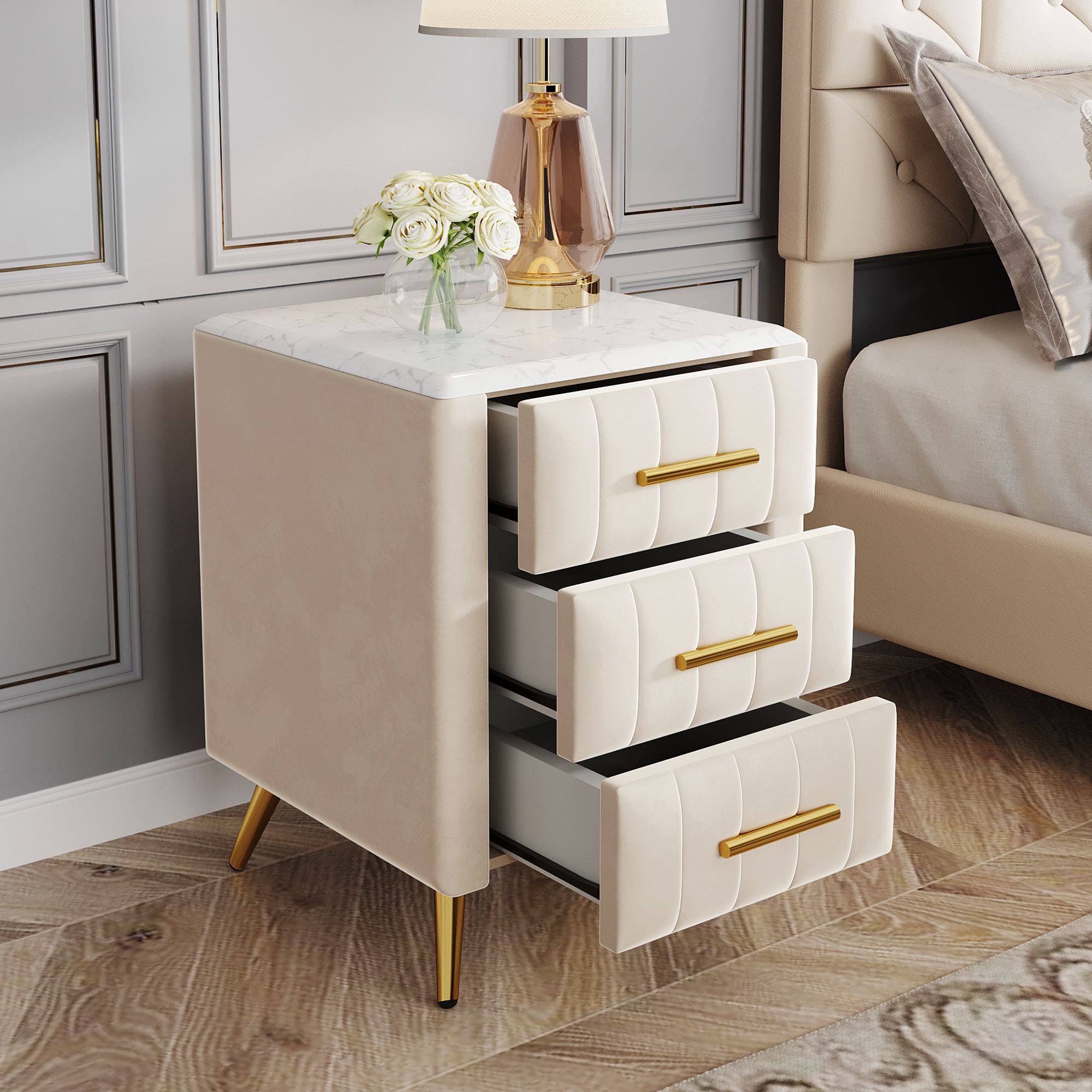 Upholstered Wooden Nightstand with 3 Drawers and Metal Legs & Handles - WF295493AAA