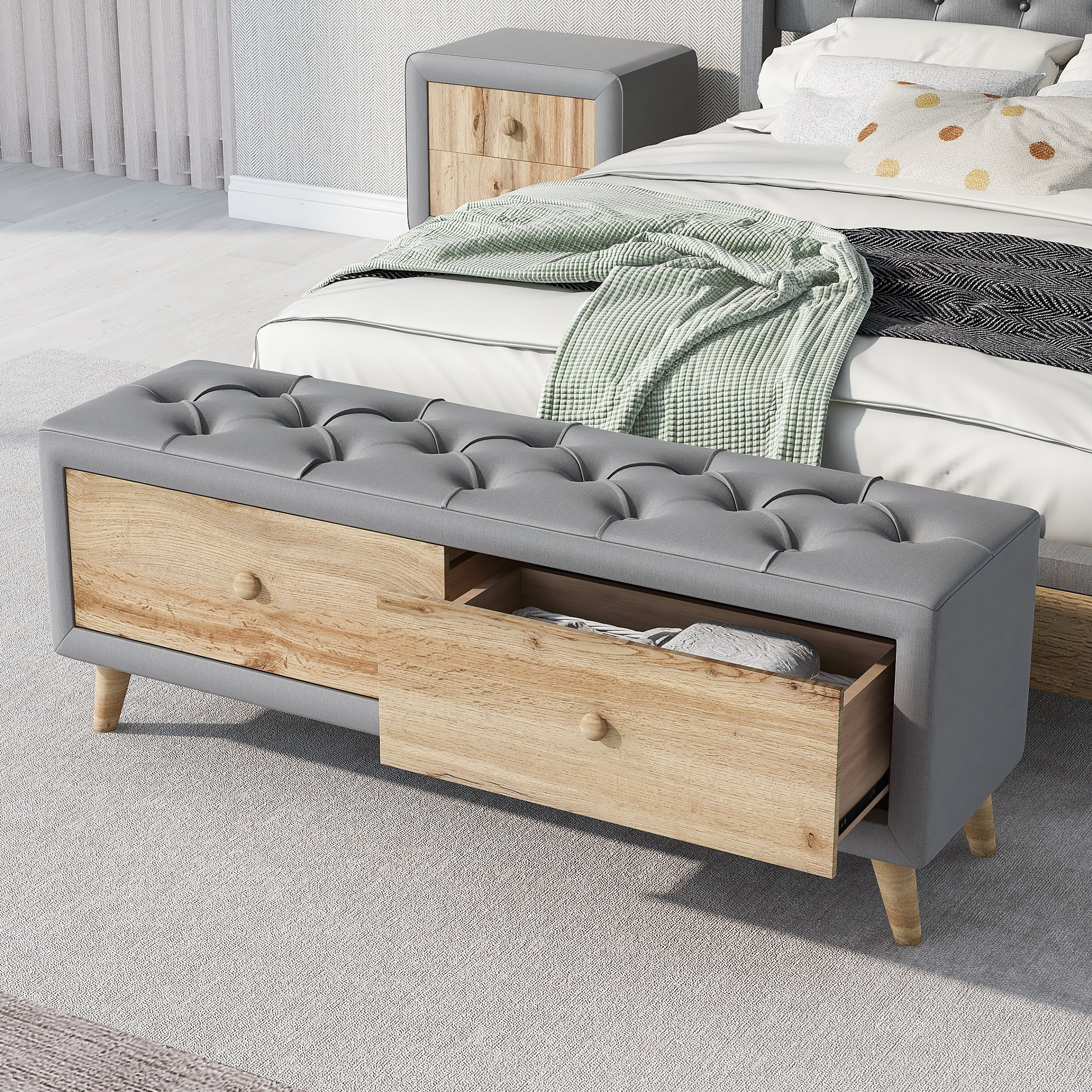 Upholstered Wooden Storage Ottoman Bench with 2 Drawers - WF294737AAE