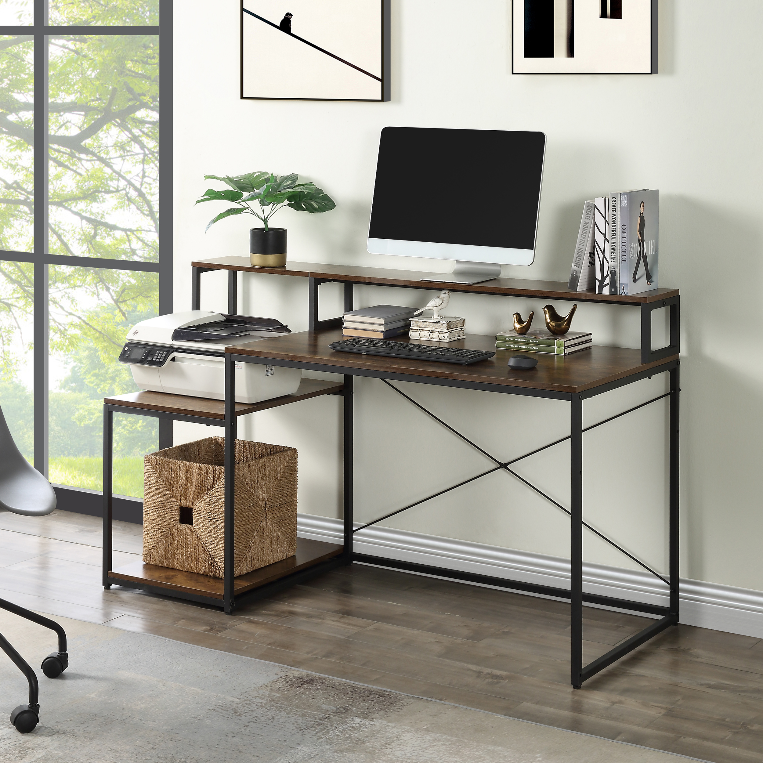 Computer Desk with Storage Shelves and Monitor Stand Riser - WF295391AAD