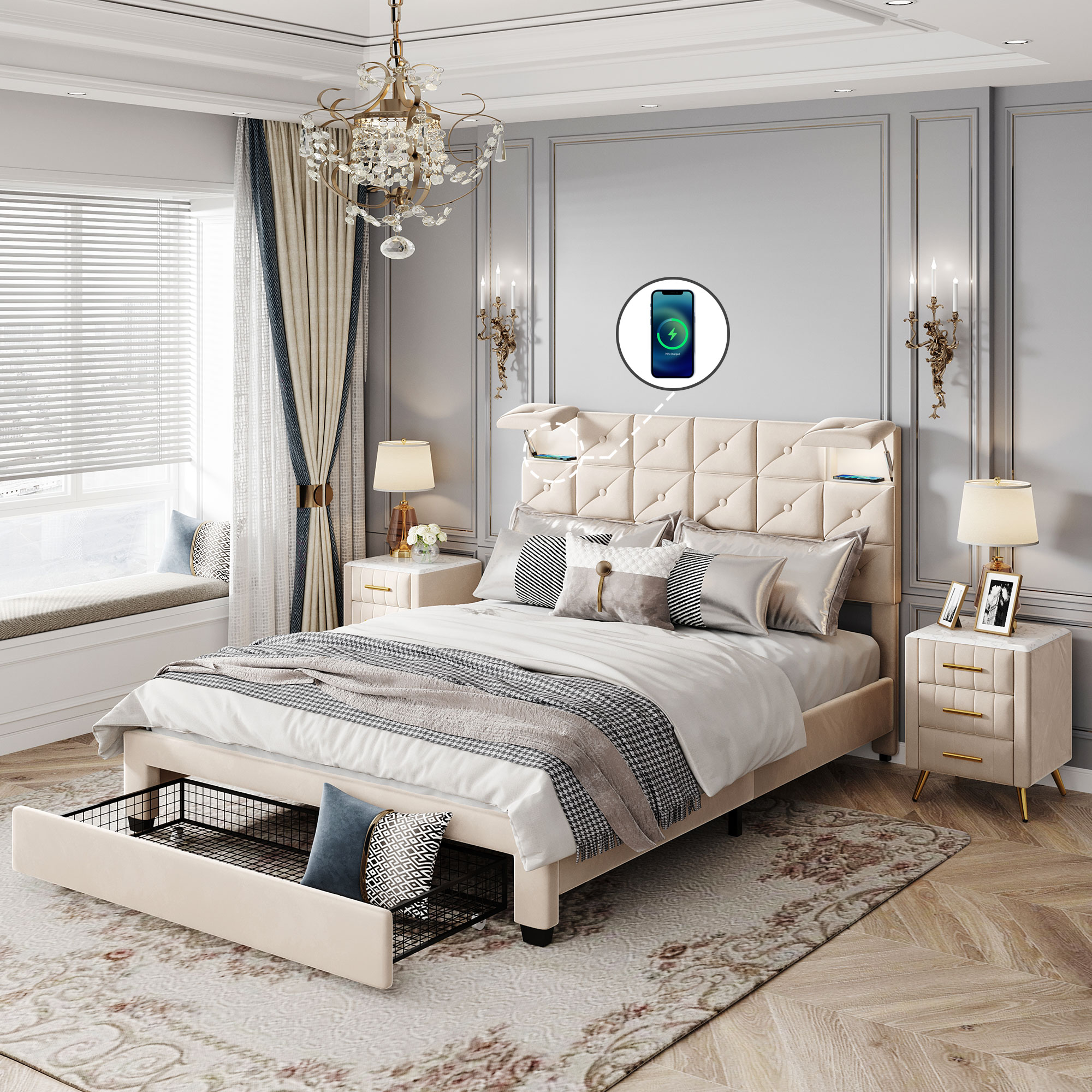 3-Pieces Bedroom Sets, Queen Size Upholstered Platform Bed - HL000010AAA