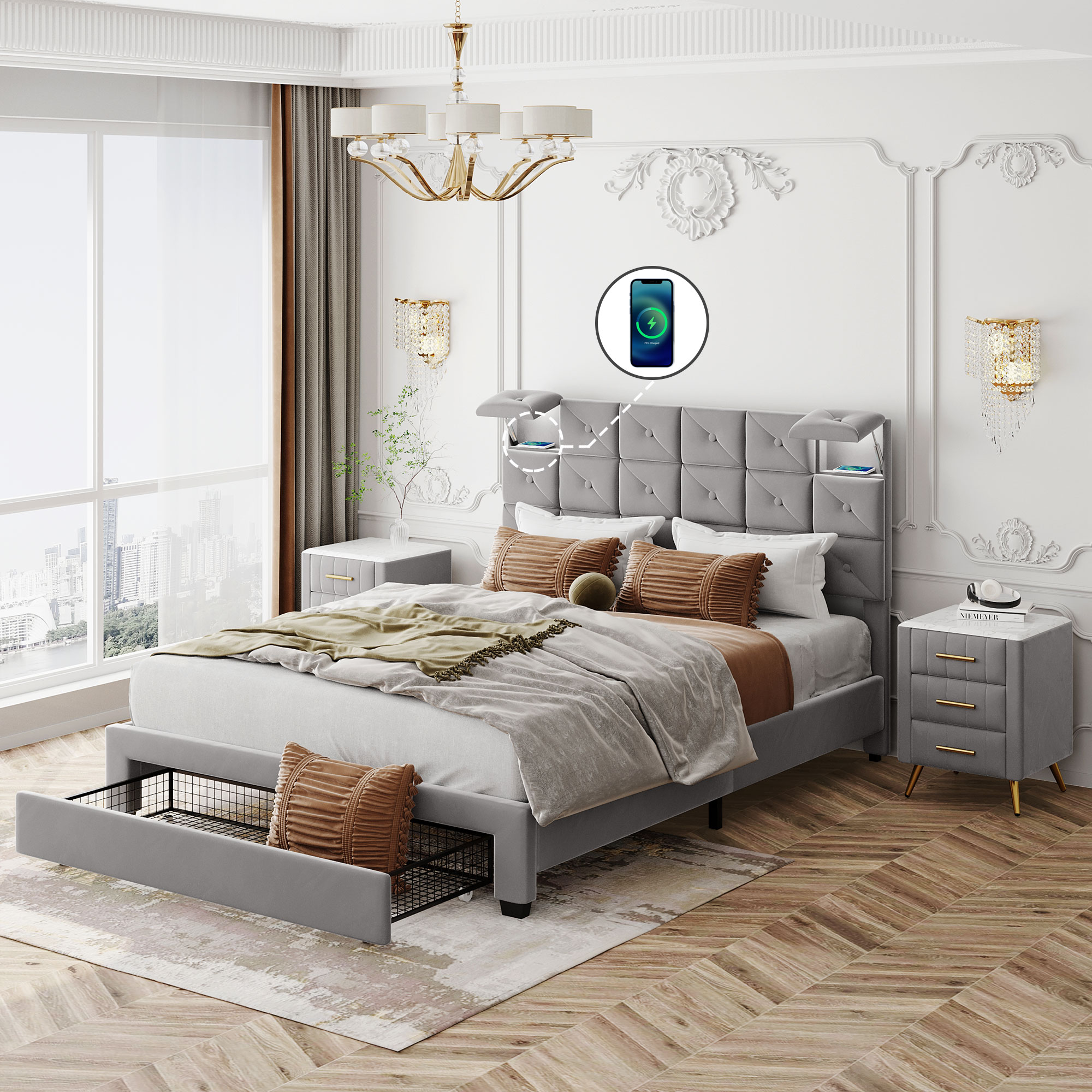 3-Pieces Bedroom Sets, Queen Size Upholstered Platform Bed - HL000010AAE