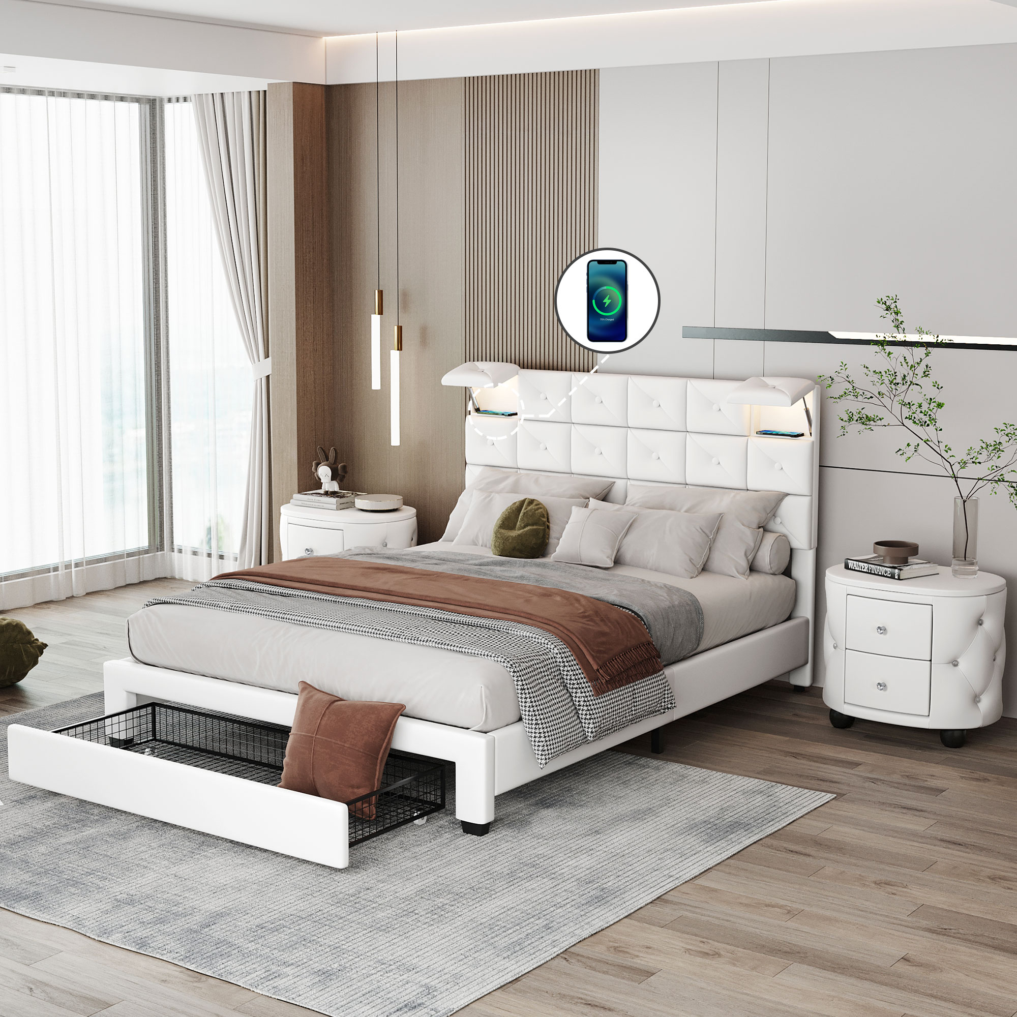 3-Pieces Bedroom Sets, Queen Size Upholstered Platform Bed - HL000010AAK