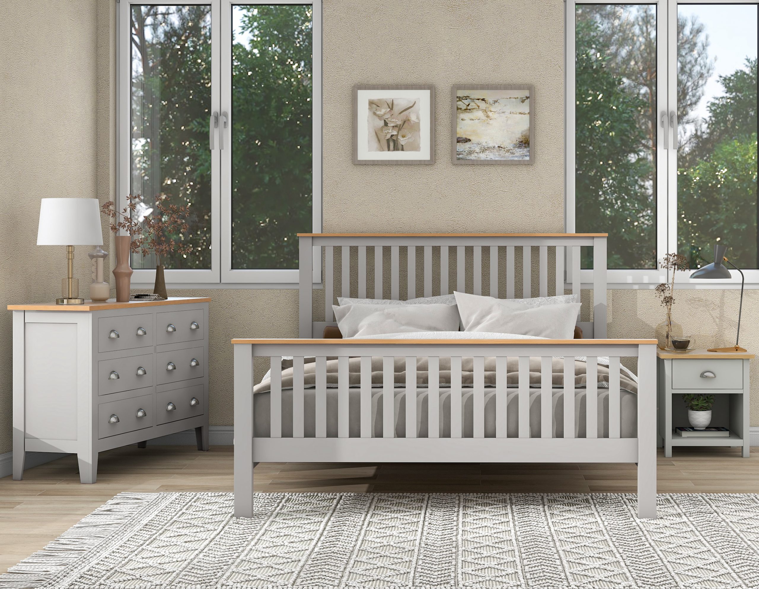 3 Pieces Country Gray With Oak Top Bedroom Sets, Queen Bed - BS300587AAG