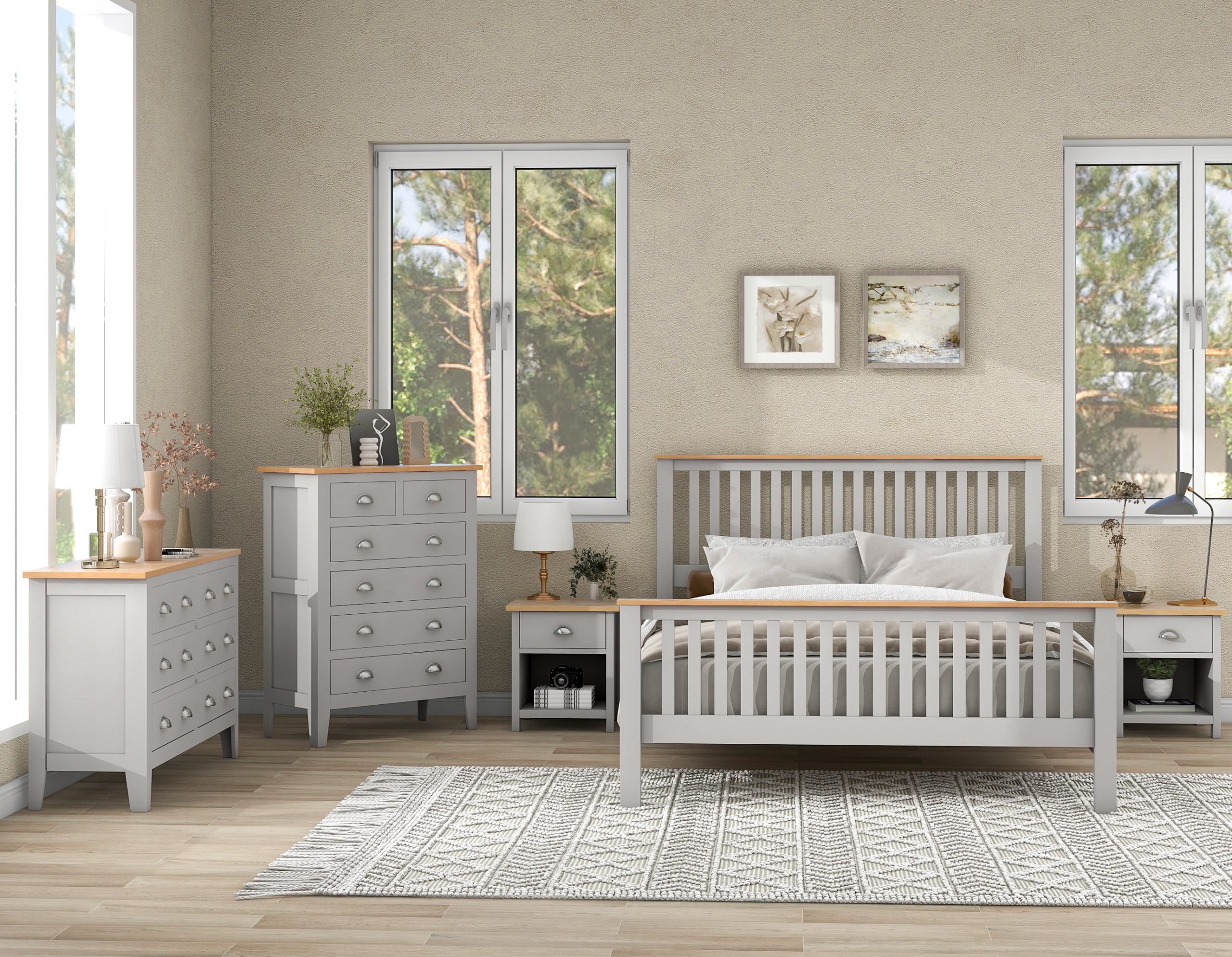 5 Pieces Country Gray With Oak Top Bedroom Sets, Full Bed - BS500586AAG