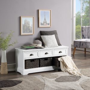 Wood Storage Bench With 3 Drawers and Woven Baskets - WF298621AAK