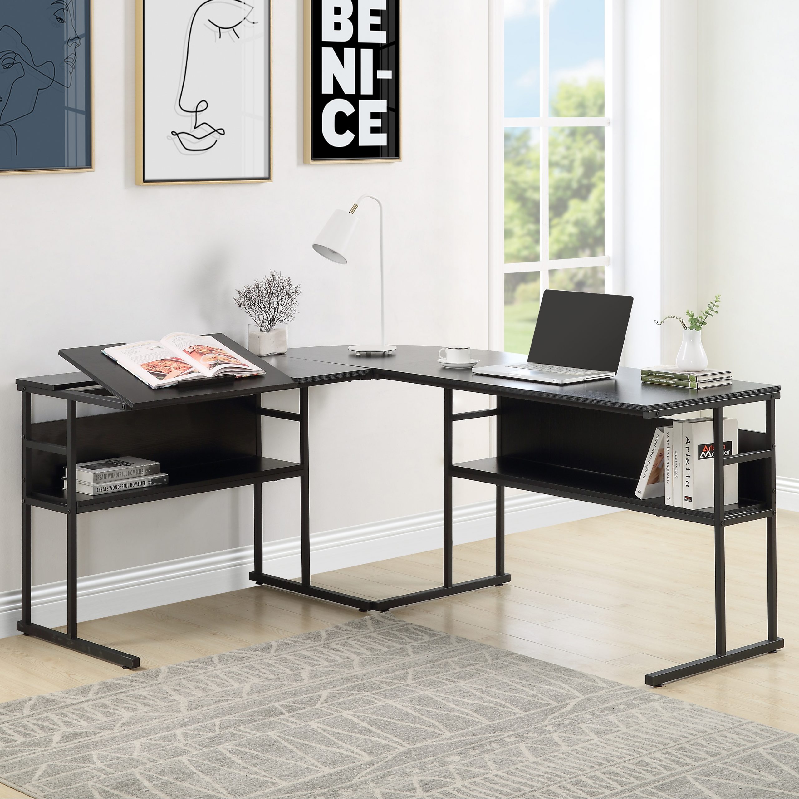 L-Shaped Desk with Bottom Bookshelves - WF198715AAB