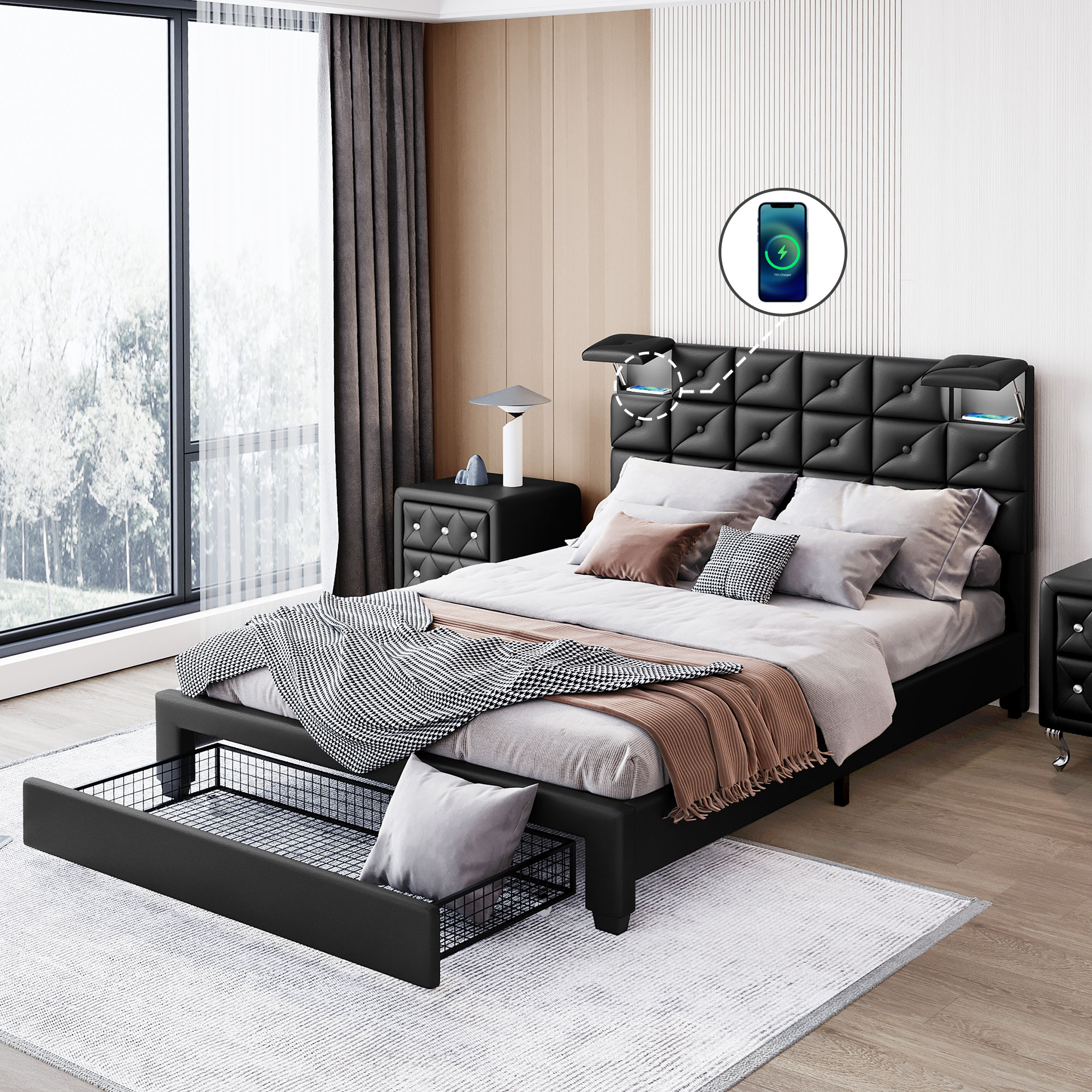 Upholstered Storage Bed with Two Wireless Chargers and Motion Activated Night Light,Queen Size - HL000009AAB