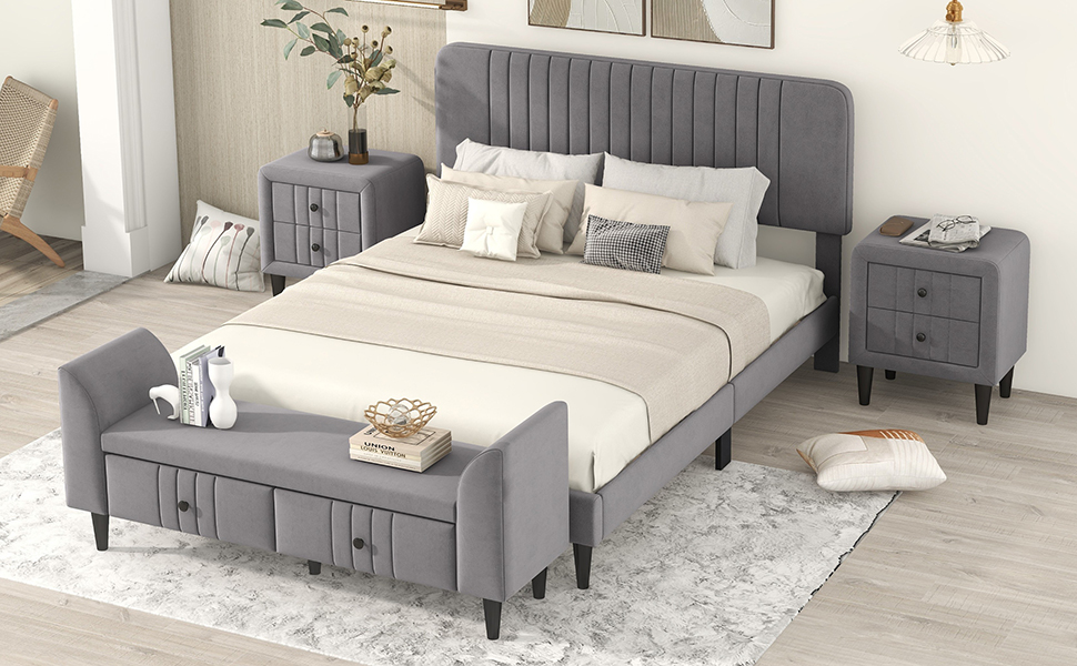 4-Pieces Bedroom Sets, Queen Size Upholstered Platform Bed - HL000012AAE