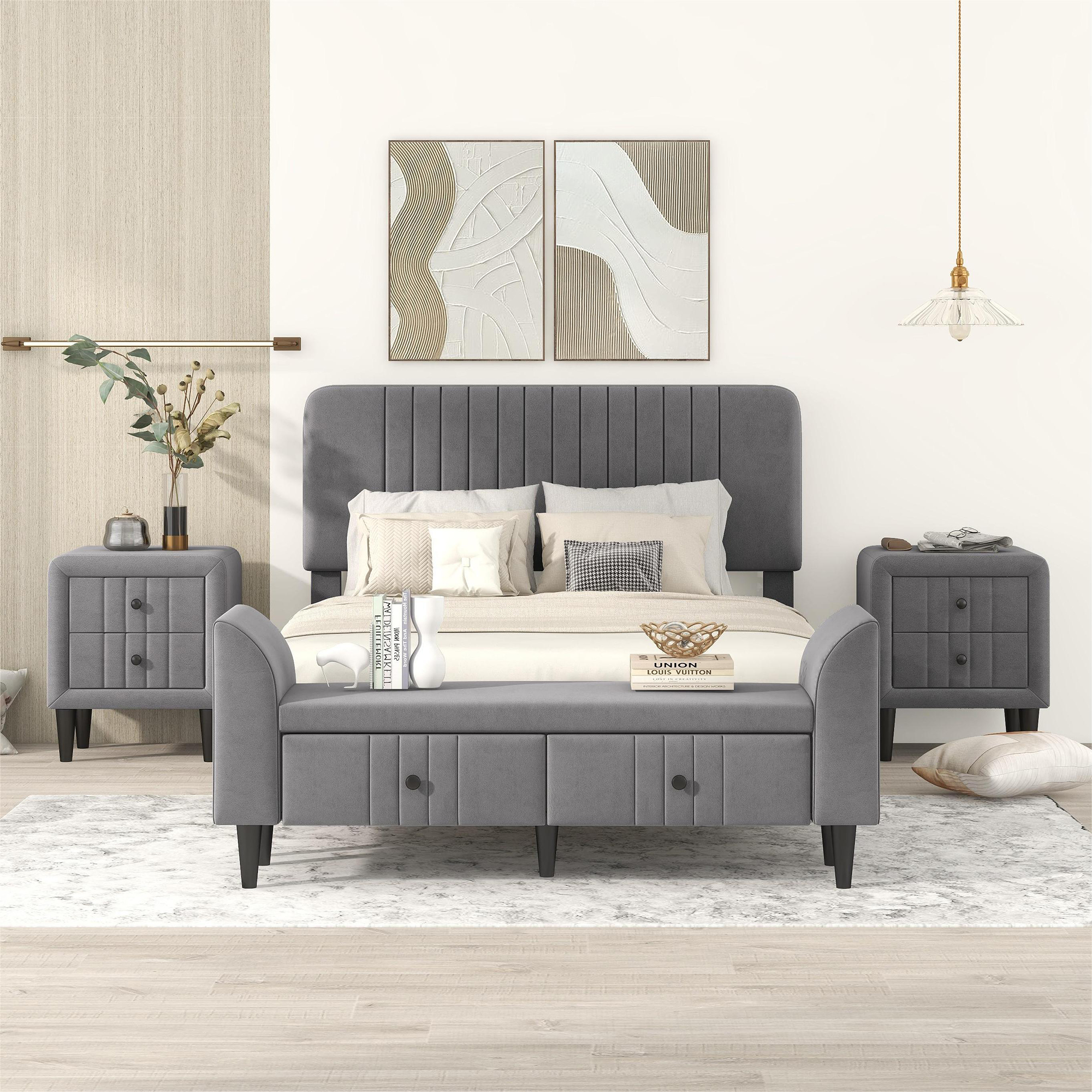 4-Pieces Bedroom Sets, Full Size Upholstered Platform Bed - HL000011AAE
