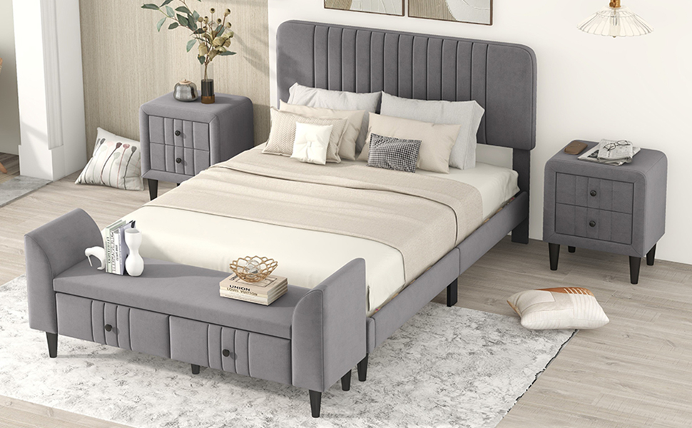 4-Pieces Bedroom Sets, Full Size Upholstered Platform Bed - HL000011AAE