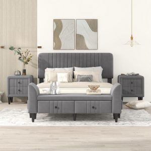 4-Pieces Bedroom Sets, Queen Size Upholstered Platform Bed - HL000012AAE