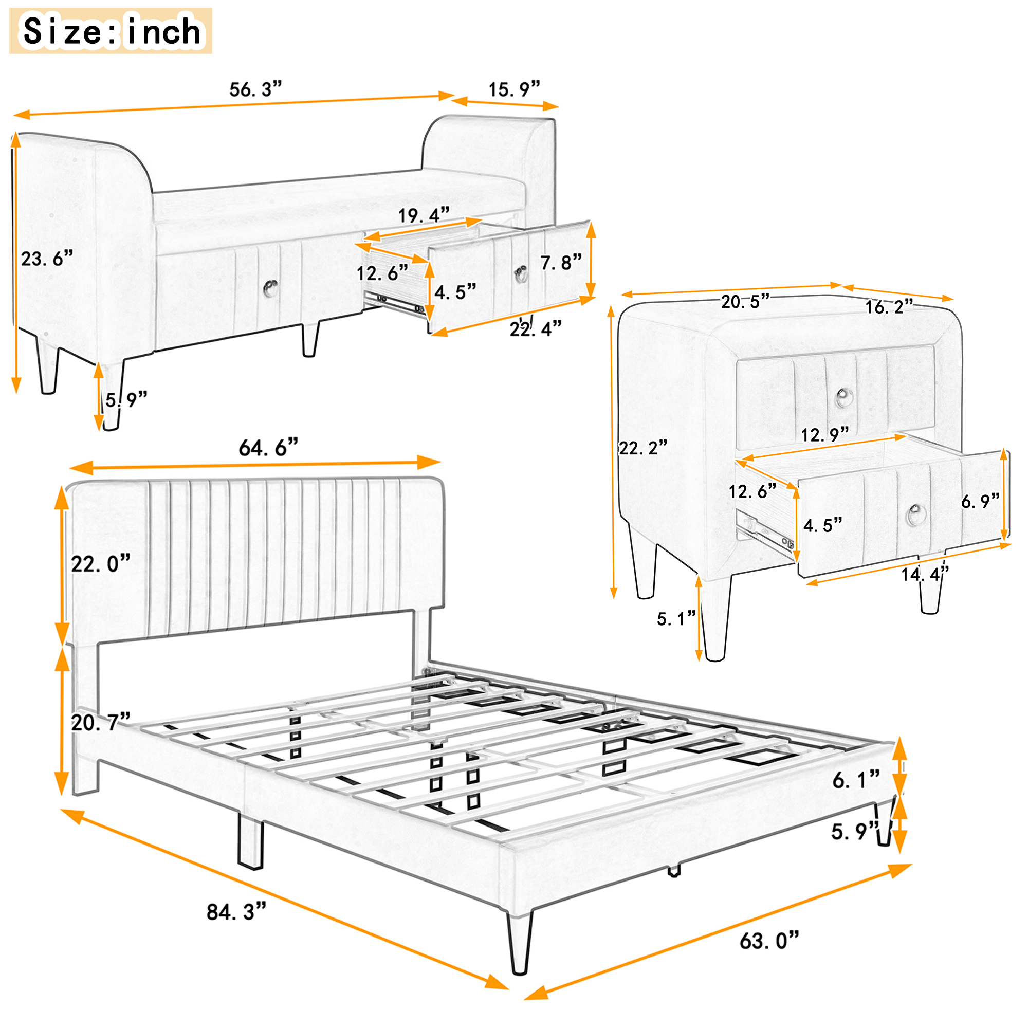 4-Pieces Bedroom Sets, Queen Size Upholstered Platform Bed - HL000012AAF