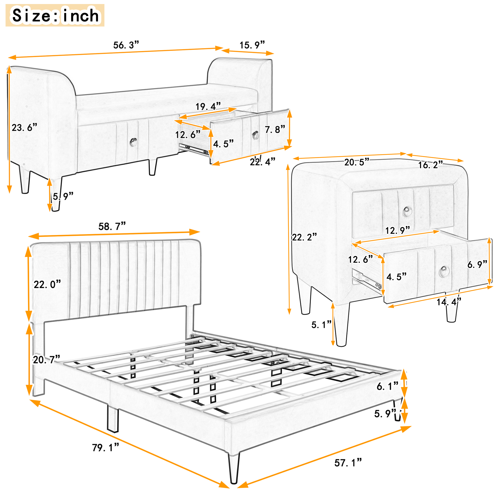 4-Pieces Bedroom Sets, Full Size Upholstered Platform Bed - HL000011AAF