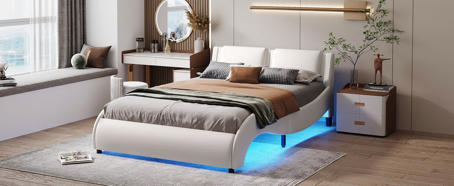 Full Size Upholstered Faux Leather Platform Bed with LED Light - WF296647AAK