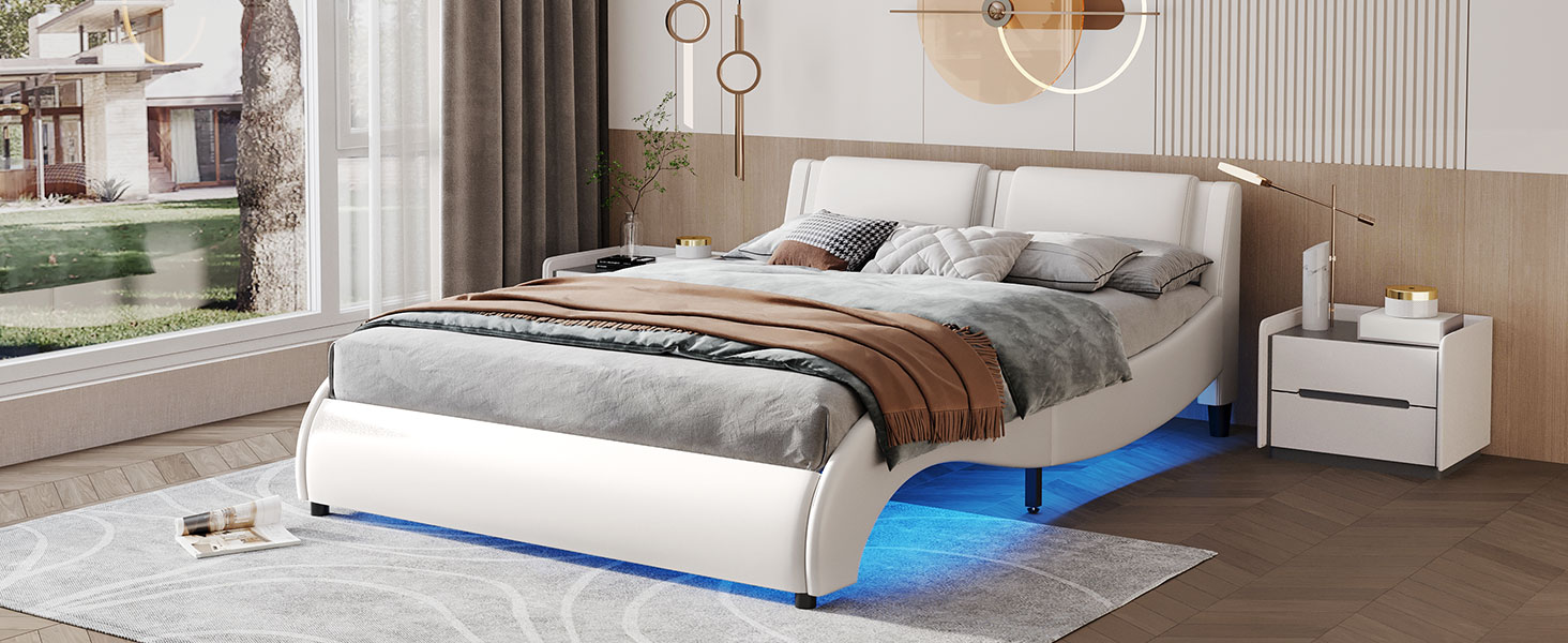 Queen Size Upholstered Faux Leather Platform Bed with LED Light - WF296648AAK