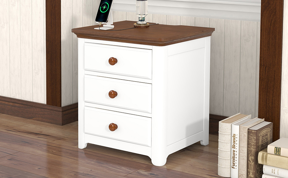Wooden Nightstand with USB Charging Ports and Three Drawers - WF297096AAK