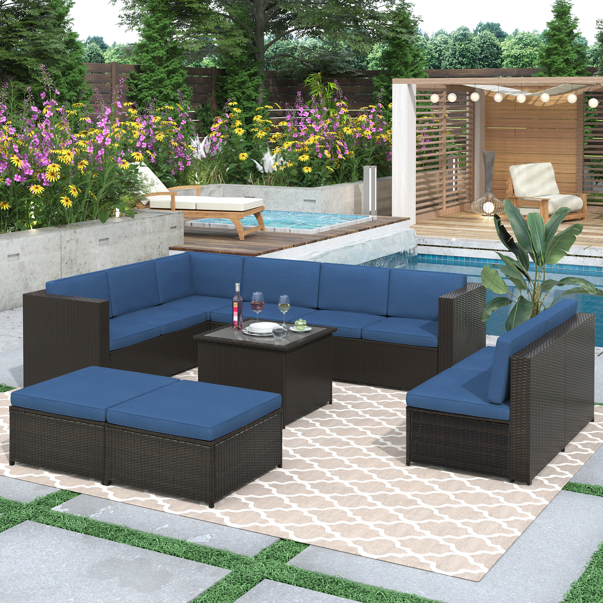 9 Piece Rattan Sectional Seating with Cushions and Ottoman - WY000276AAC
