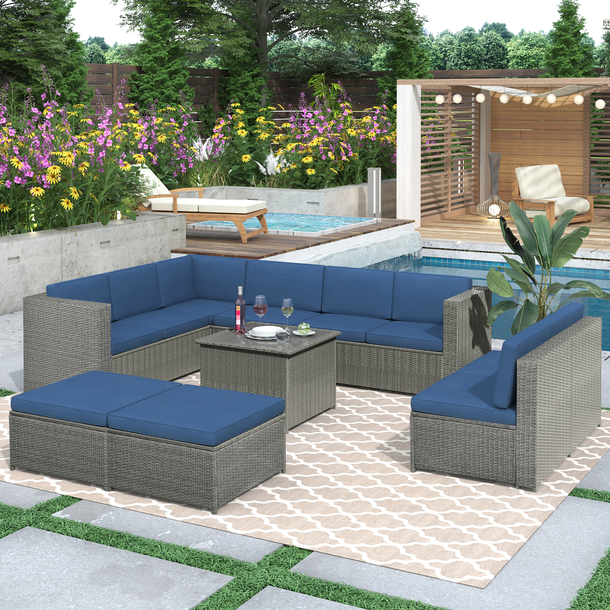 9 Piece Rattan Sectional Seating with Cushions and Ottoman - WY000276AAE