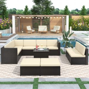 9 Piece Rattan Sectional Seating with Cushions and Ottoman - WY000276AAA