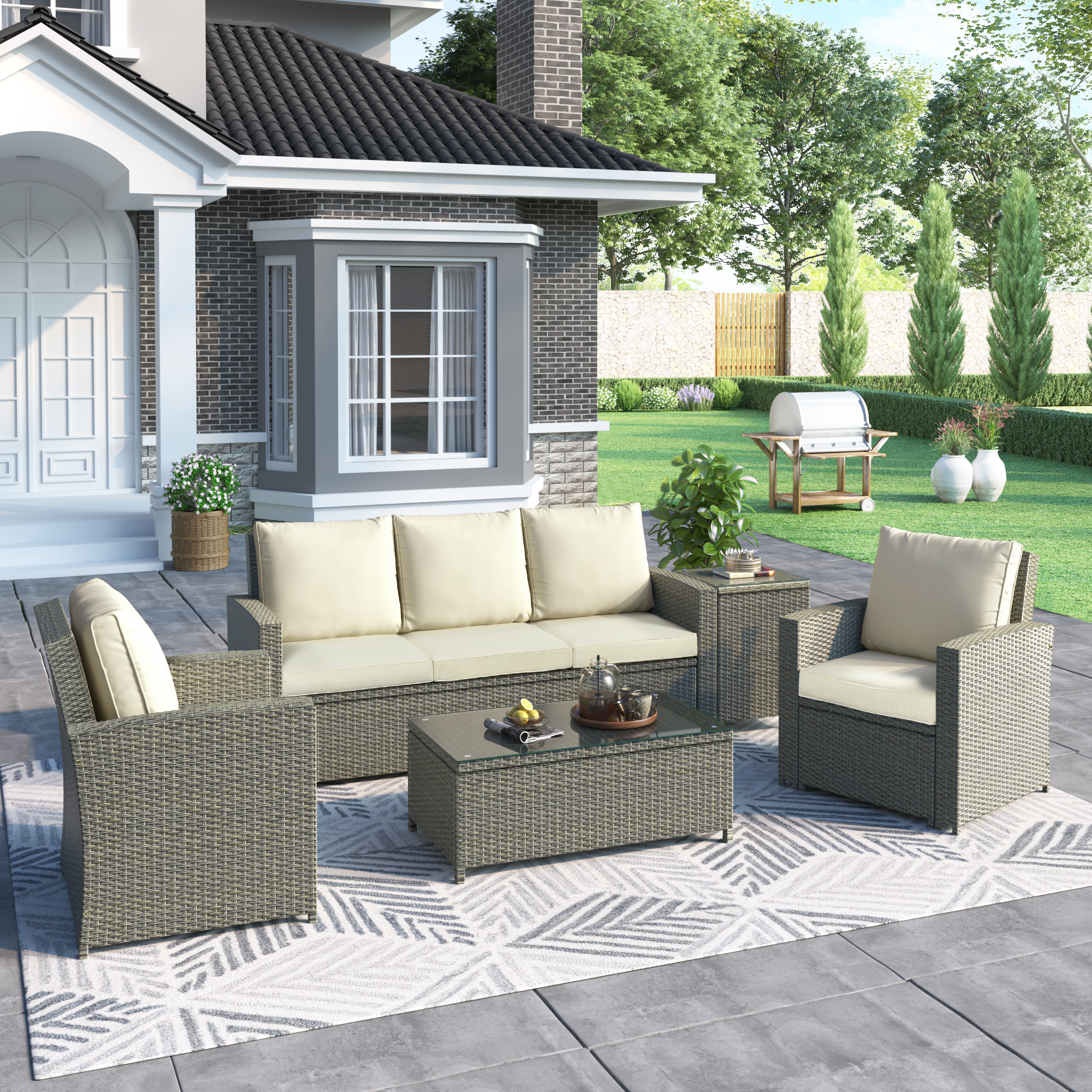 5 Piece Rattan Sectional Seating Group With Cushions And Table - WY000274AAA